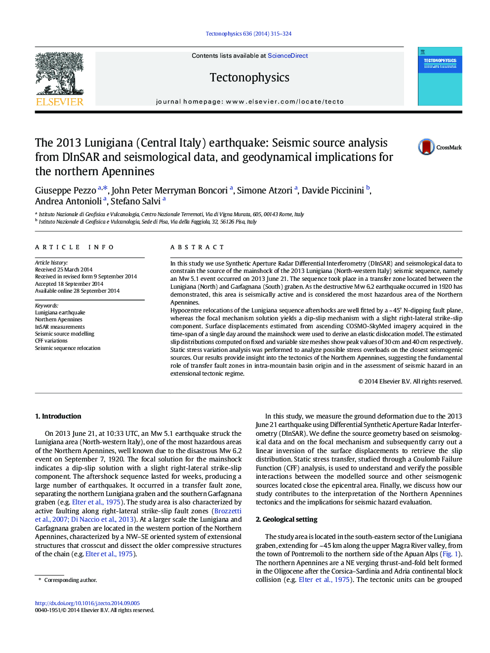 The 2013 Lunigiana (Central Italy) earthquake: Seismic source analysis from DInSAR and seismological data, and geodynamical implications for the northern Apennines