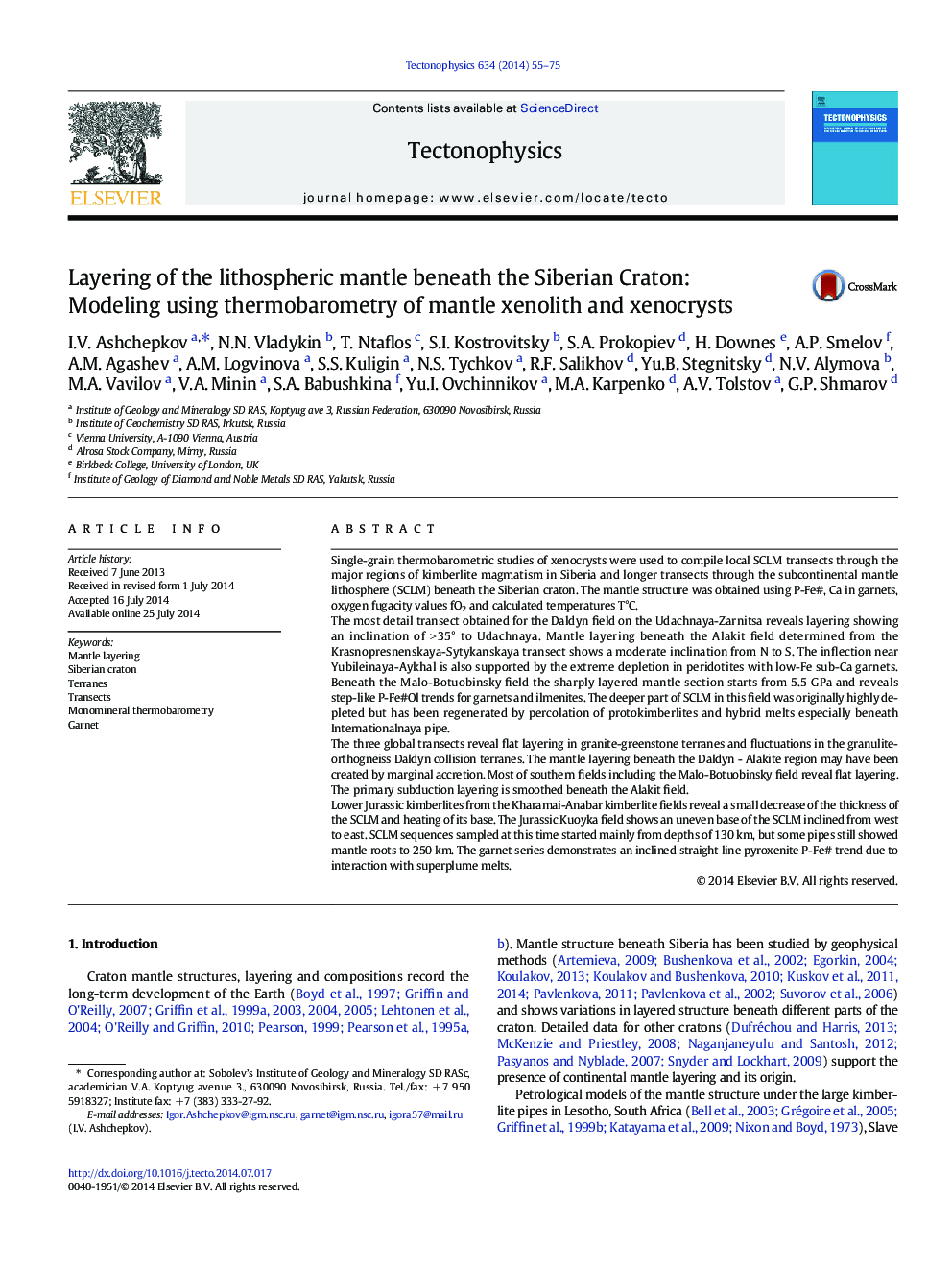 Layering of the lithospheric mantle beneath the Siberian Craton: Modeling using thermobarometry of mantle xenolith and xenocrysts