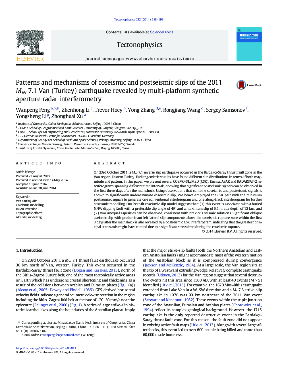 Patterns and mechanisms of coseismic and postseismic slips of the 2011 MW 7.1 Van (Turkey) earthquake revealed by multi-platform synthetic aperture radar interferometry