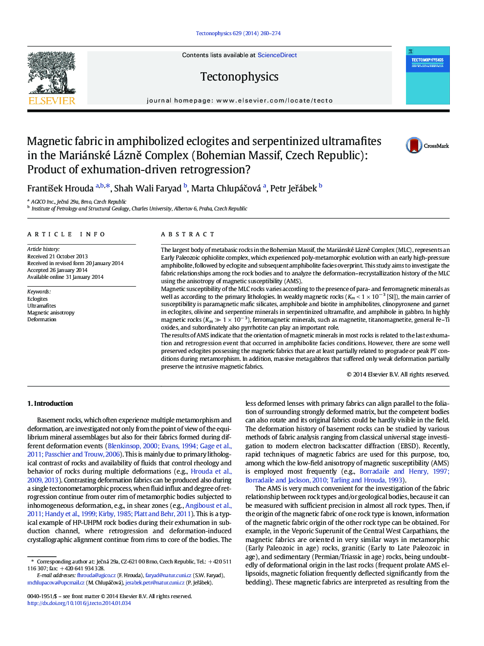 Magnetic fabric in amphibolized eclogites and serpentinized ultramafites in the Mariánské Lázně Complex (Bohemian Massif, Czech Republic): Product of exhumation-driven retrogression?