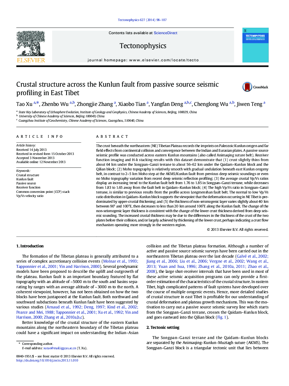 Crustal structure across the Kunlun fault from passive source seismic profiling in East Tibet