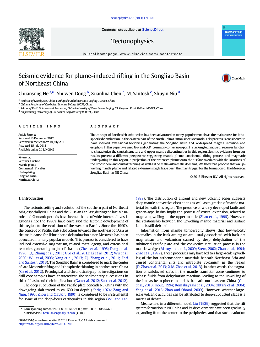 Seismic evidence for plume-induced rifting in the Songliao Basin of Northeast China