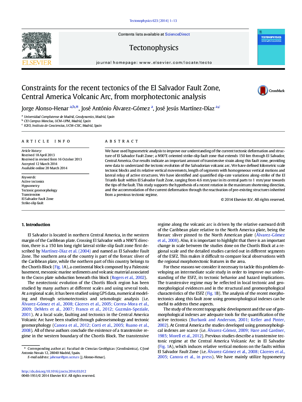 Constraints for the recent tectonics of the El Salvador Fault Zone, Central America Volcanic Arc, from morphotectonic analysis