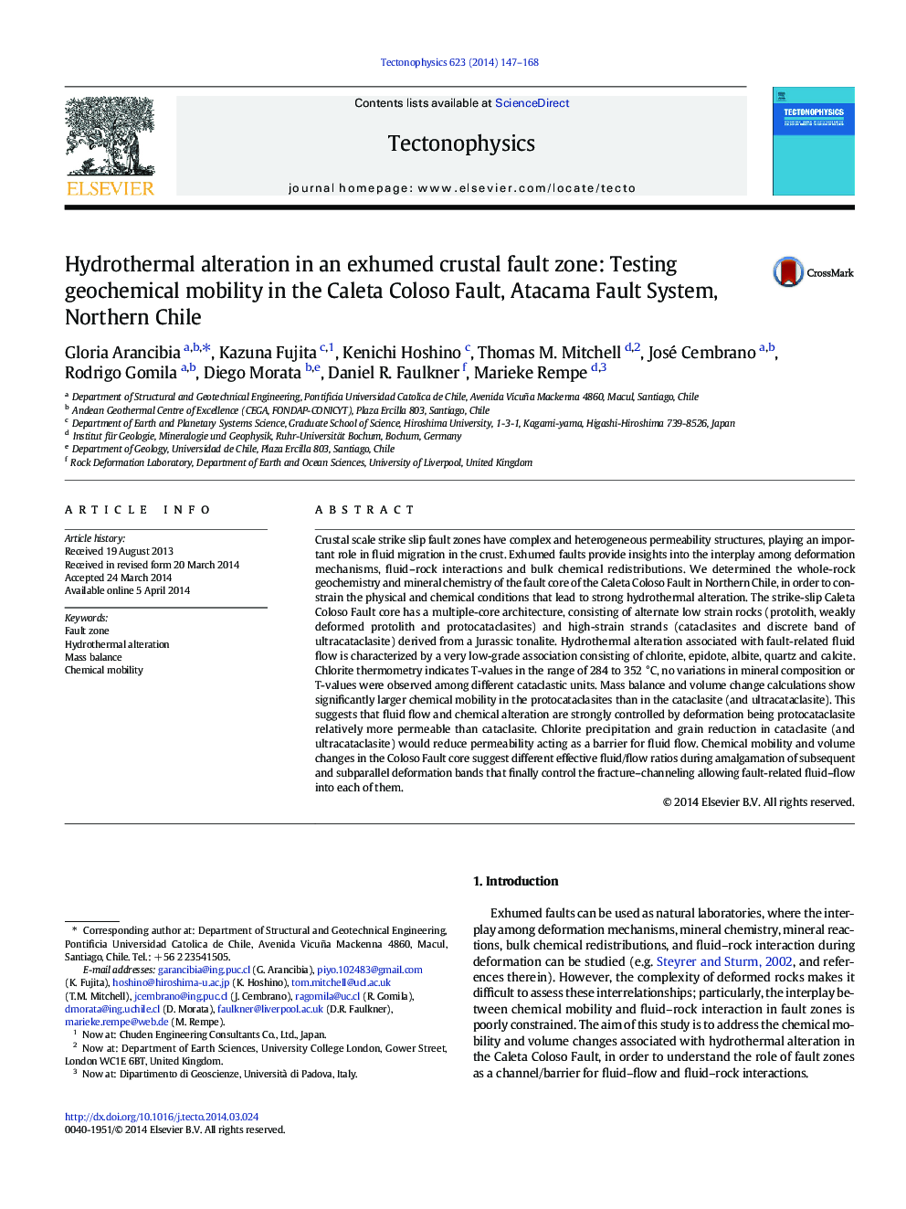 Hydrothermal alteration in an exhumed crustal fault zone: Testing geochemical mobility in the Caleta Coloso Fault, Atacama Fault System, Northern Chile
