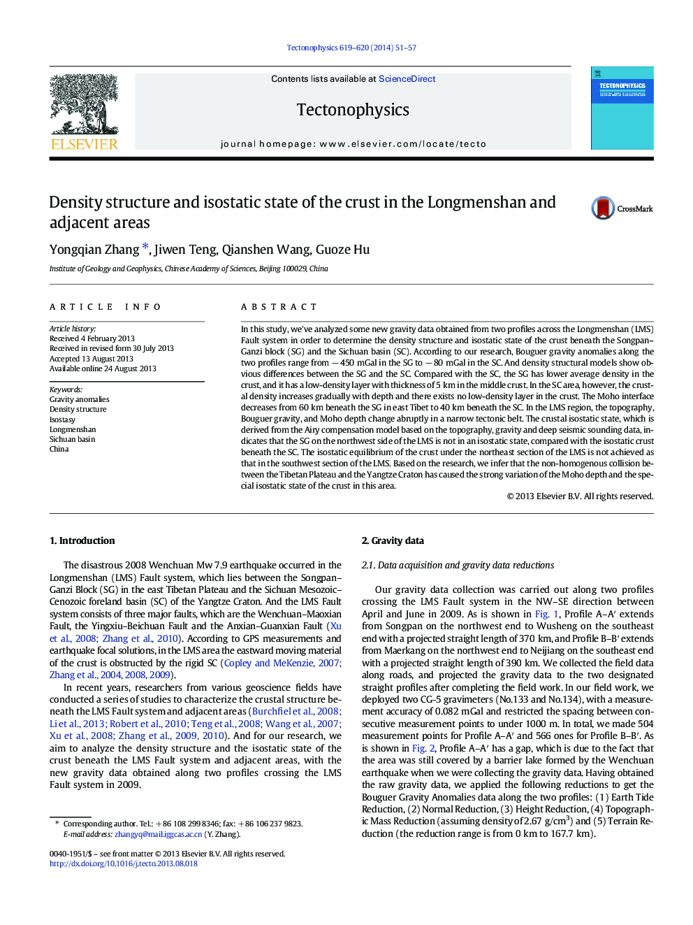 Density structure and isostatic state of the crust in the Longmenshan and adjacent areas