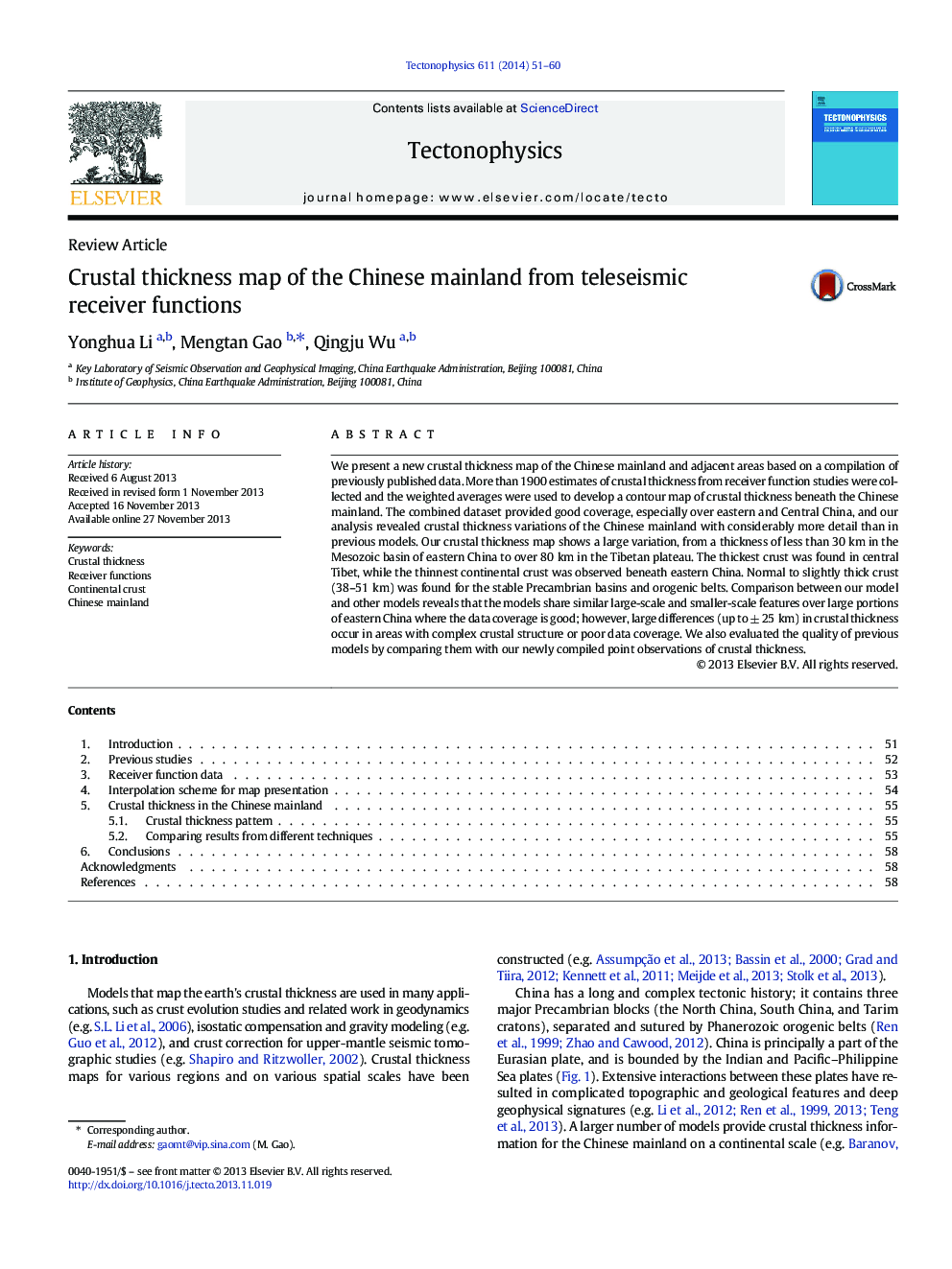 Crustal thickness map of the Chinese mainland from teleseismic receiver functions