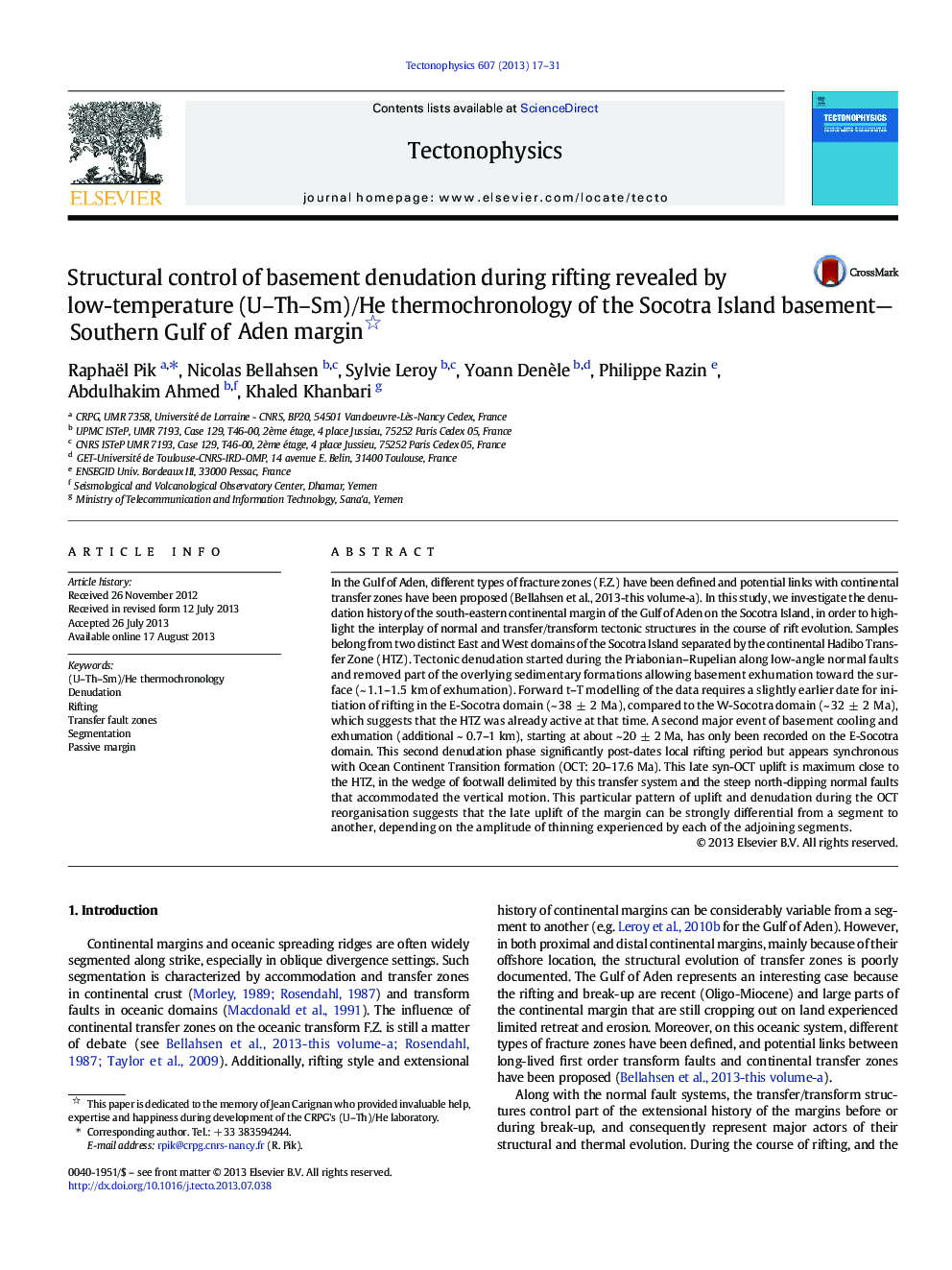 Structural control of basement denudation during rifting revealed by low-temperature (U-Th-Sm)/He thermochronology of the Socotra Island basement-Southern Gulf of Aden margin