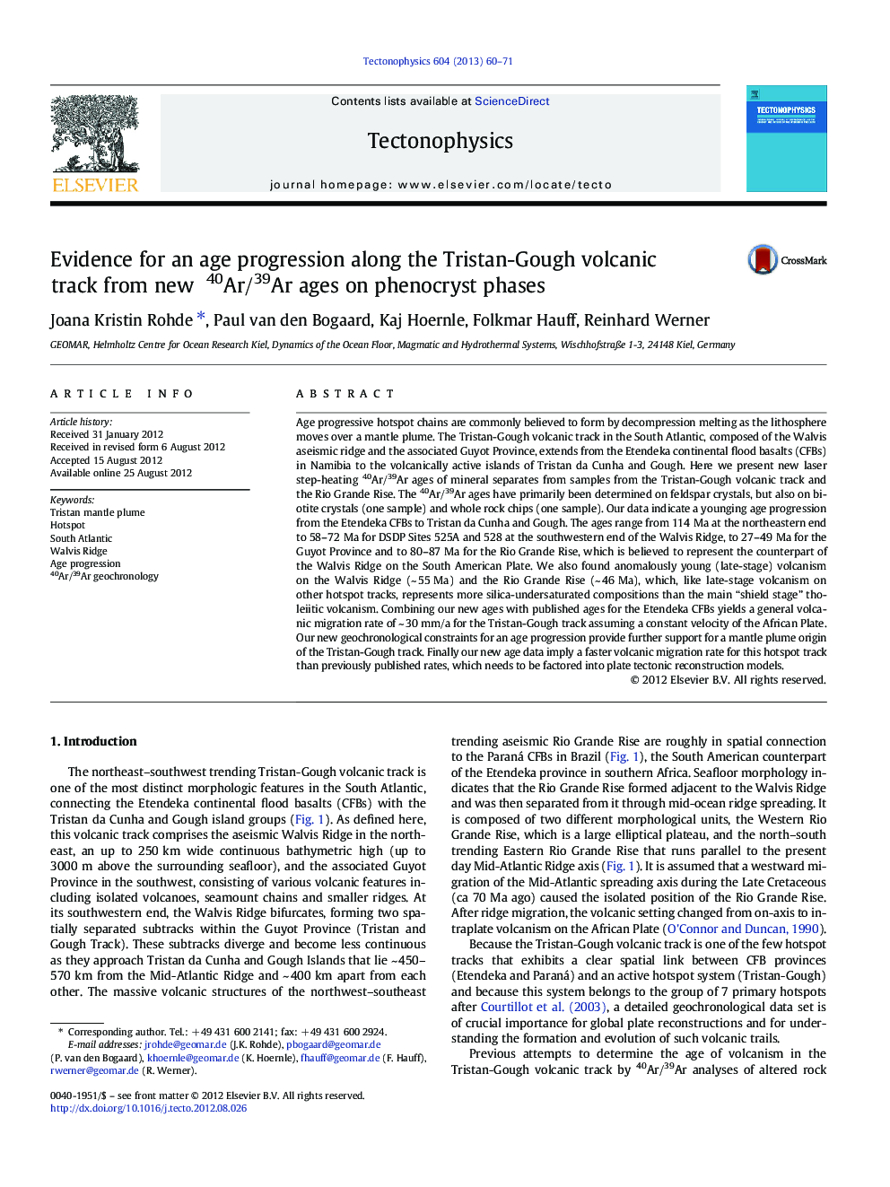 Evidence for an age progression along the Tristan-Gough volcanic track from new 40Ar/39Ar ages on phenocryst phases