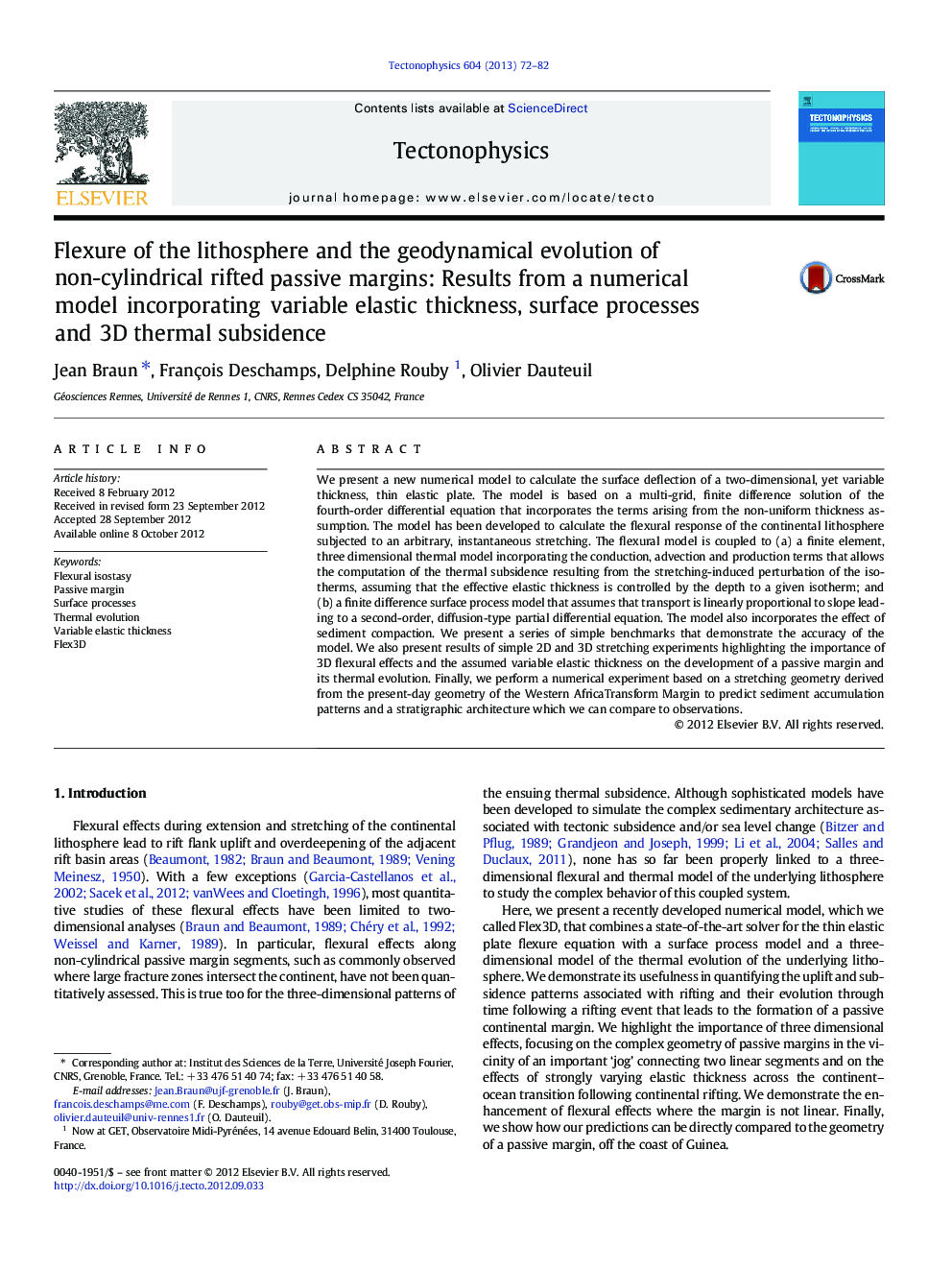 Flexure of the lithosphere and the geodynamical evolution of non-cylindrical rifted passive margins: Results from a numerical model incorporating variable elastic thickness, surface processes and 3D thermal subsidence