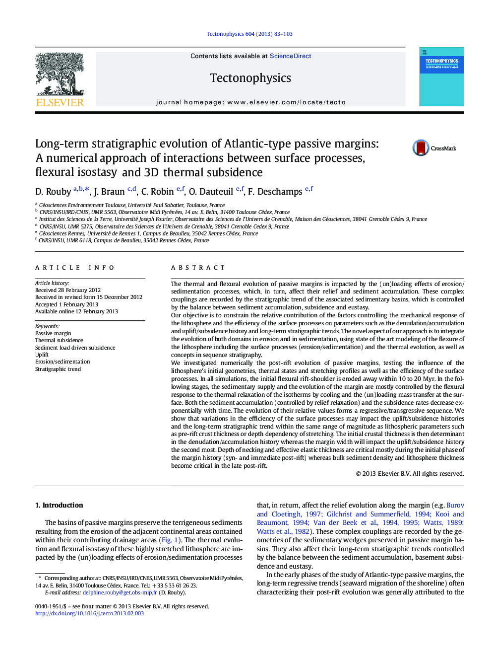 Long-term stratigraphic evolution of Atlantic-type passive margins: A numerical approach of interactions between surface processes, flexural isostasy and 3D thermal subsidence