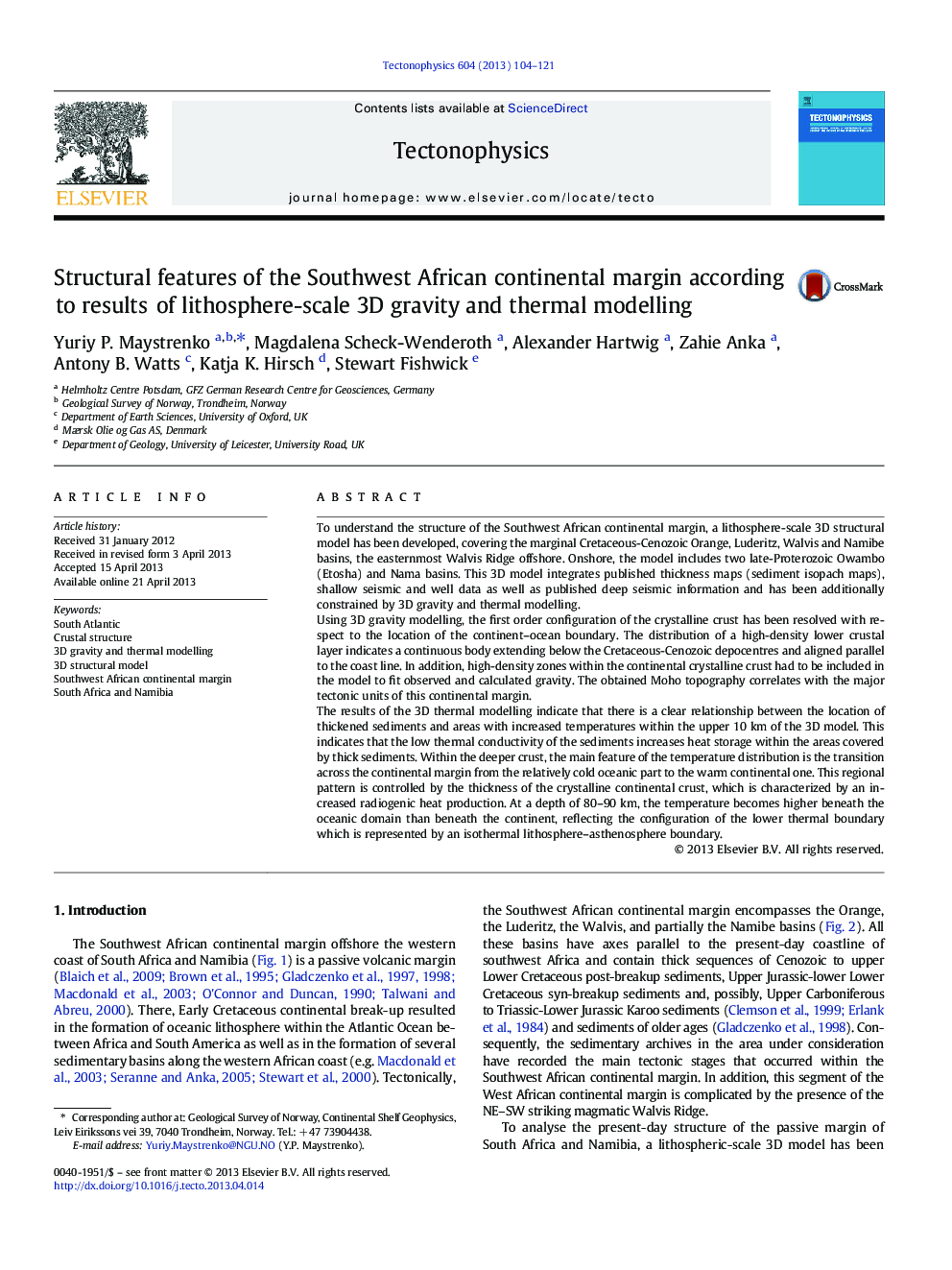 Structural features of the Southwest African continental margin according to results of lithosphere-scale 3D gravity and thermal modelling