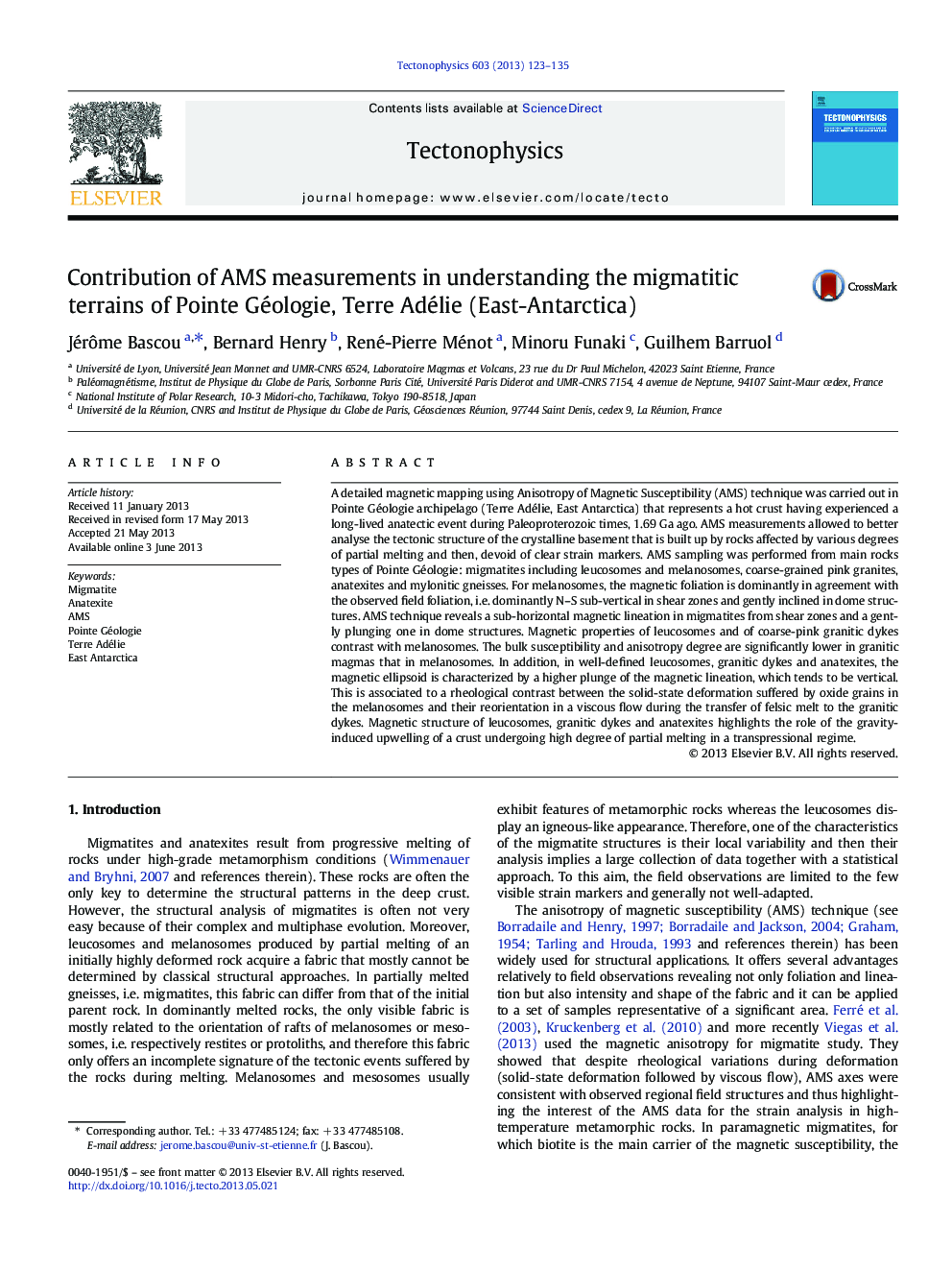 Contribution of AMS measurements in understanding the migmatitic terrains of Pointe Géologie, Terre Adélie (East-Antarctica)