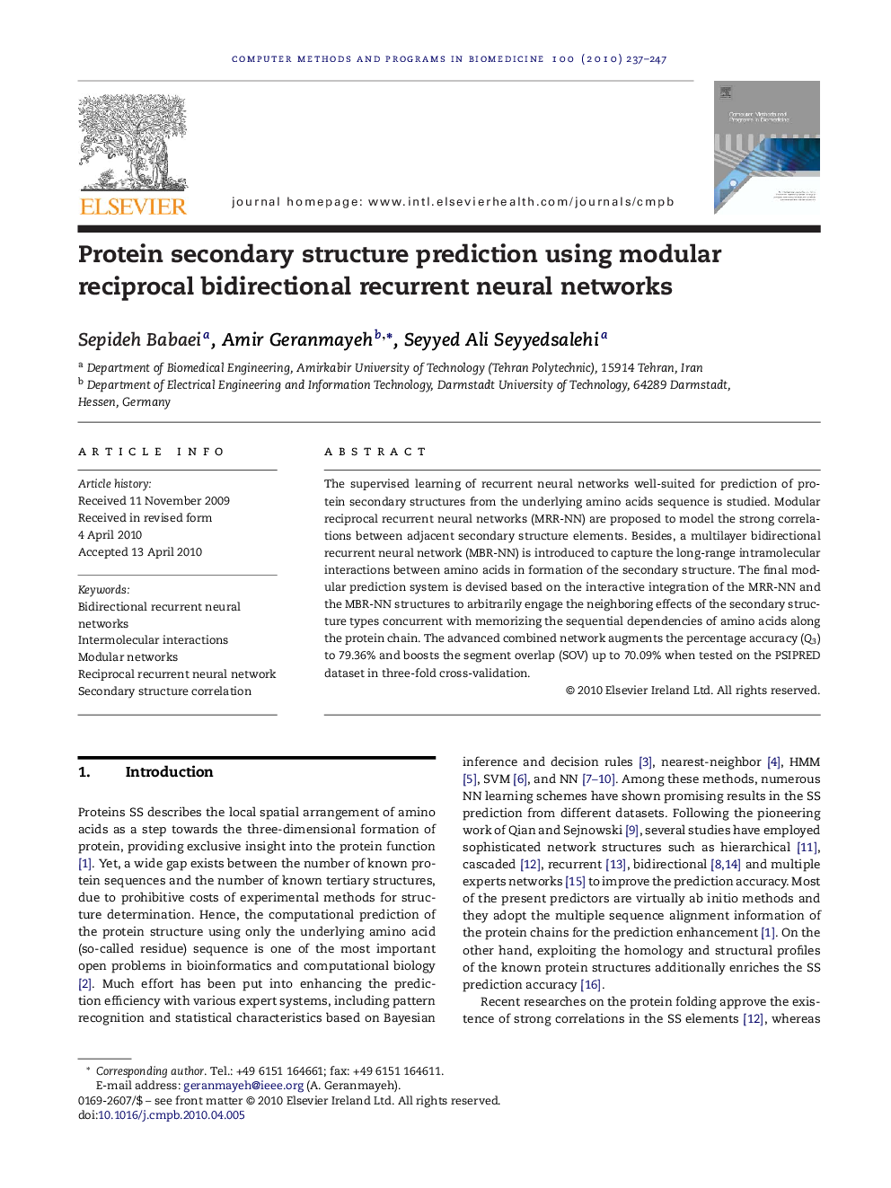 Protein secondary structure prediction using modular reciprocal bidirectional recurrent neural networks