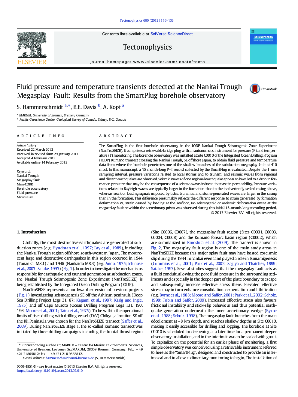 Fluid pressure and temperature transients detected at the Nankai Trough Megasplay Fault: Results from the SmartPlug borehole observatory