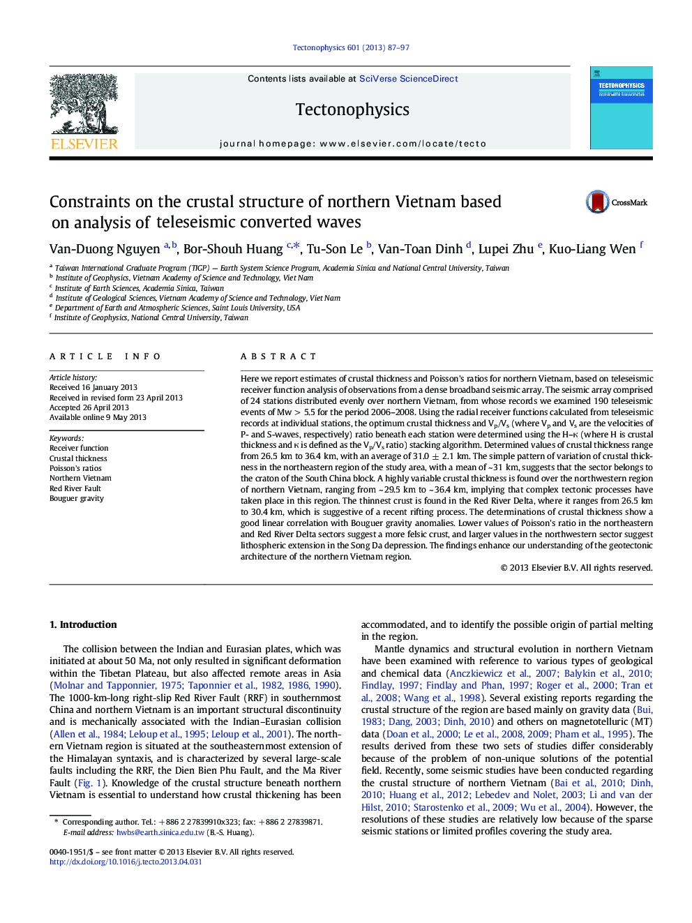 Constraints on the crustal structure of northern Vietnam based on analysis of teleseismic converted waves