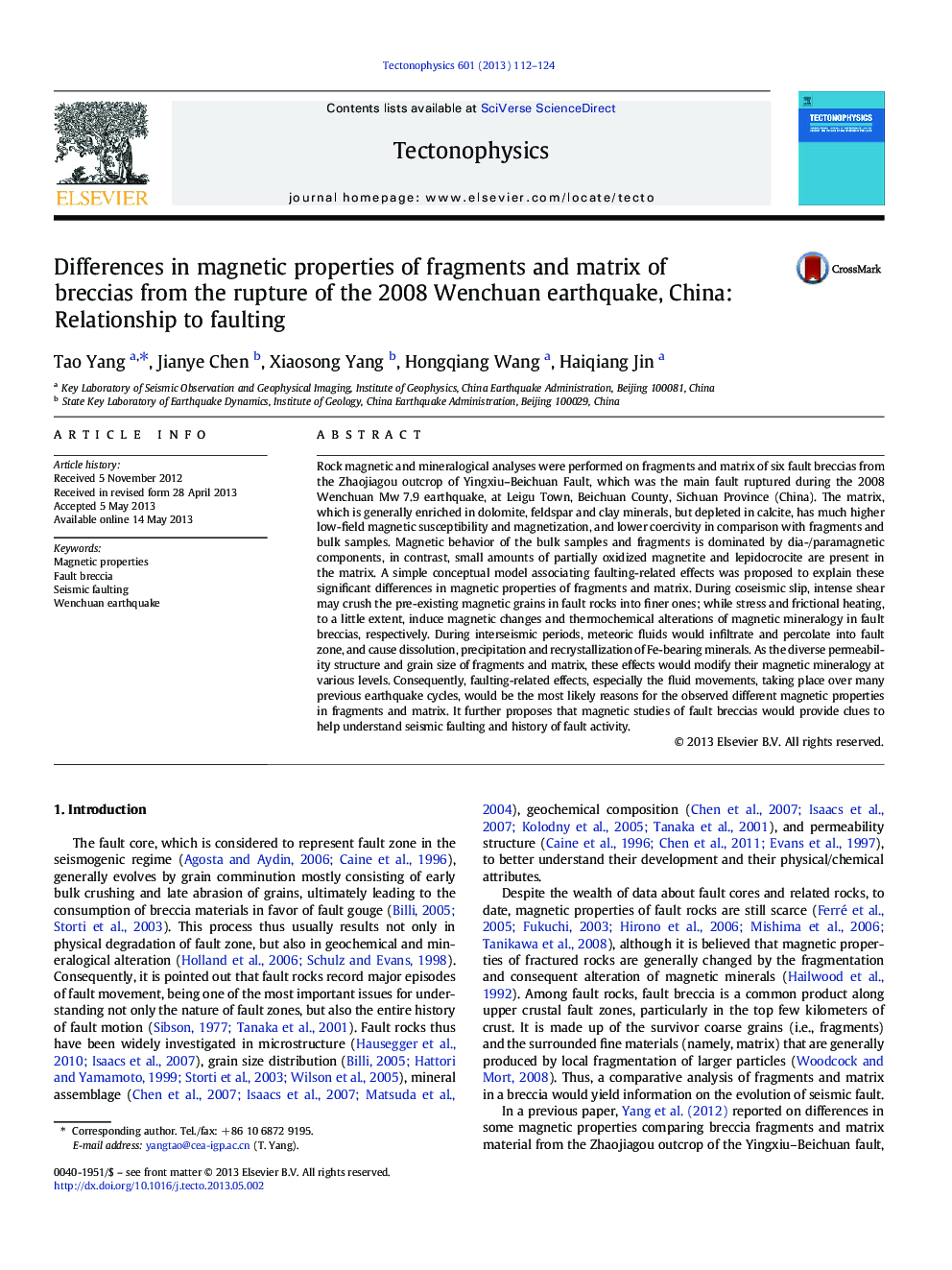 Differences in magnetic properties of fragments and matrix of breccias from the rupture of the 2008 Wenchuan earthquake, China: Relationship to faulting