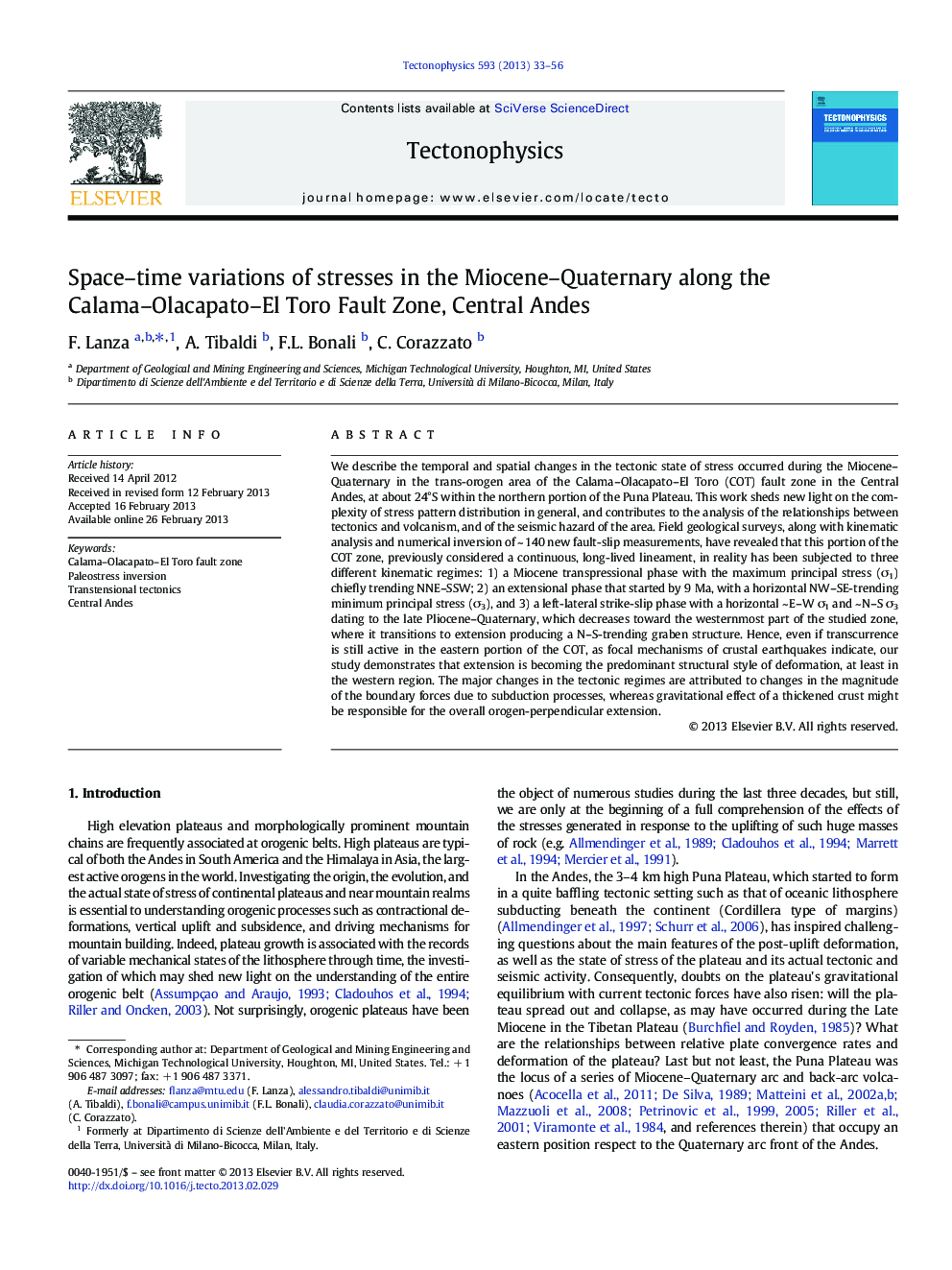 Space–time variations of stresses in the Miocene–Quaternary along the Calama–Olacapato–El Toro Fault Zone, Central Andes