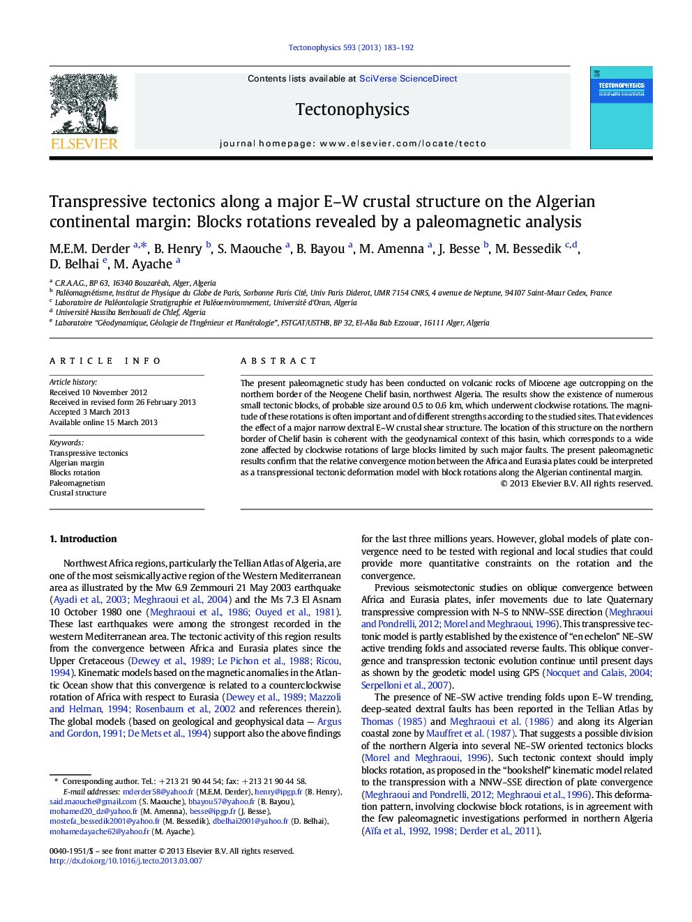 Transpressive tectonics along a major E–W crustal structure on the Algerian continental margin: Blocks rotations revealed by a paleomagnetic analysis