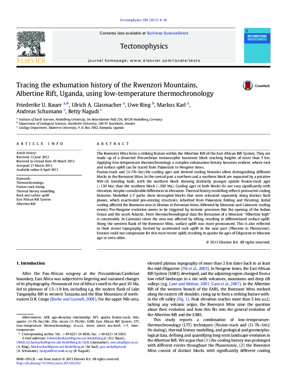 Tracing the exhumation history of the Rwenzori Mountains, Albertine Rift, Uganda, using low-temperature thermochronology