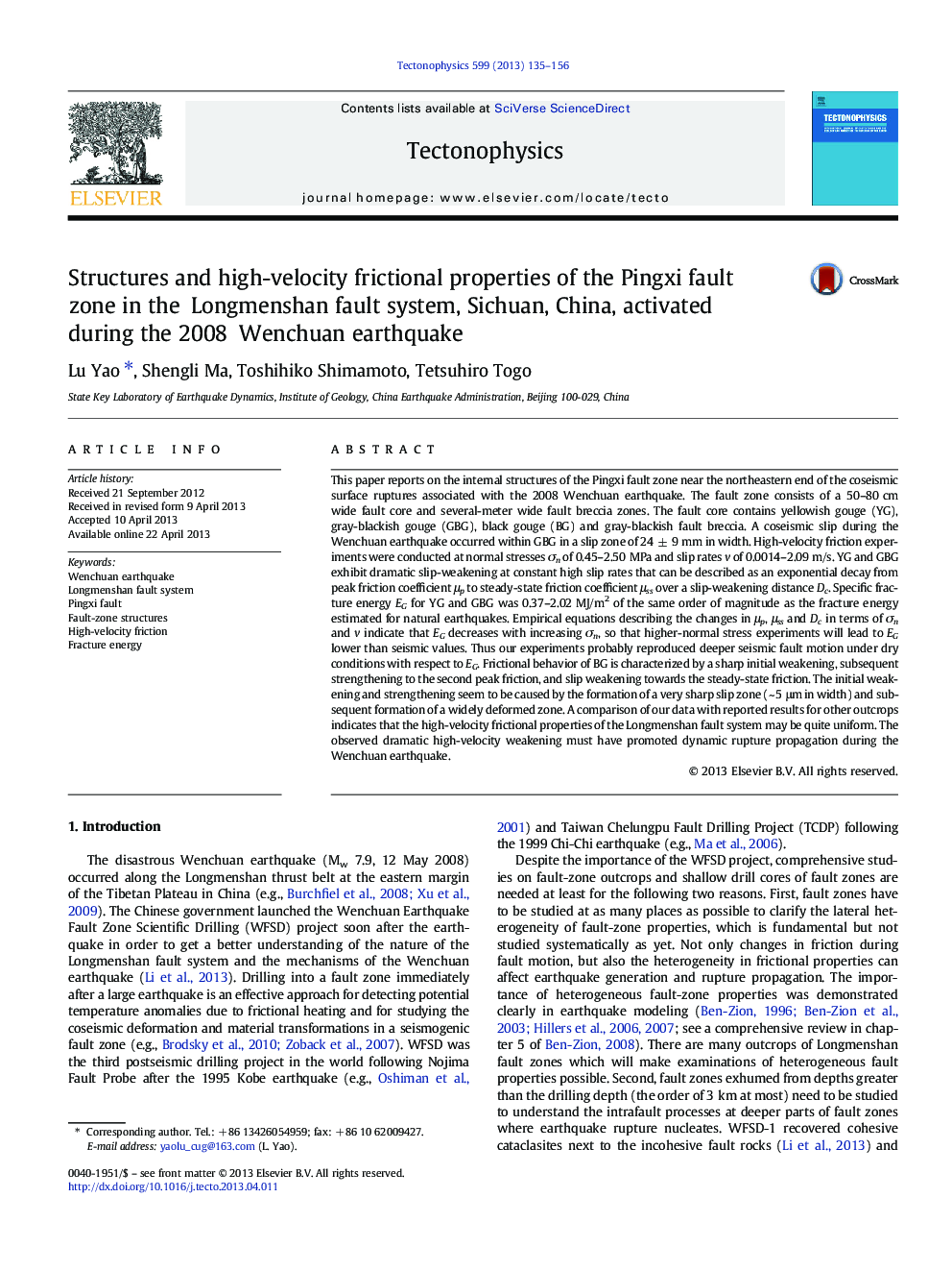 Structures and high-velocity frictional properties of the Pingxi fault zone in the Longmenshan fault system, Sichuan, China, activated during the 2008 Wenchuan earthquake