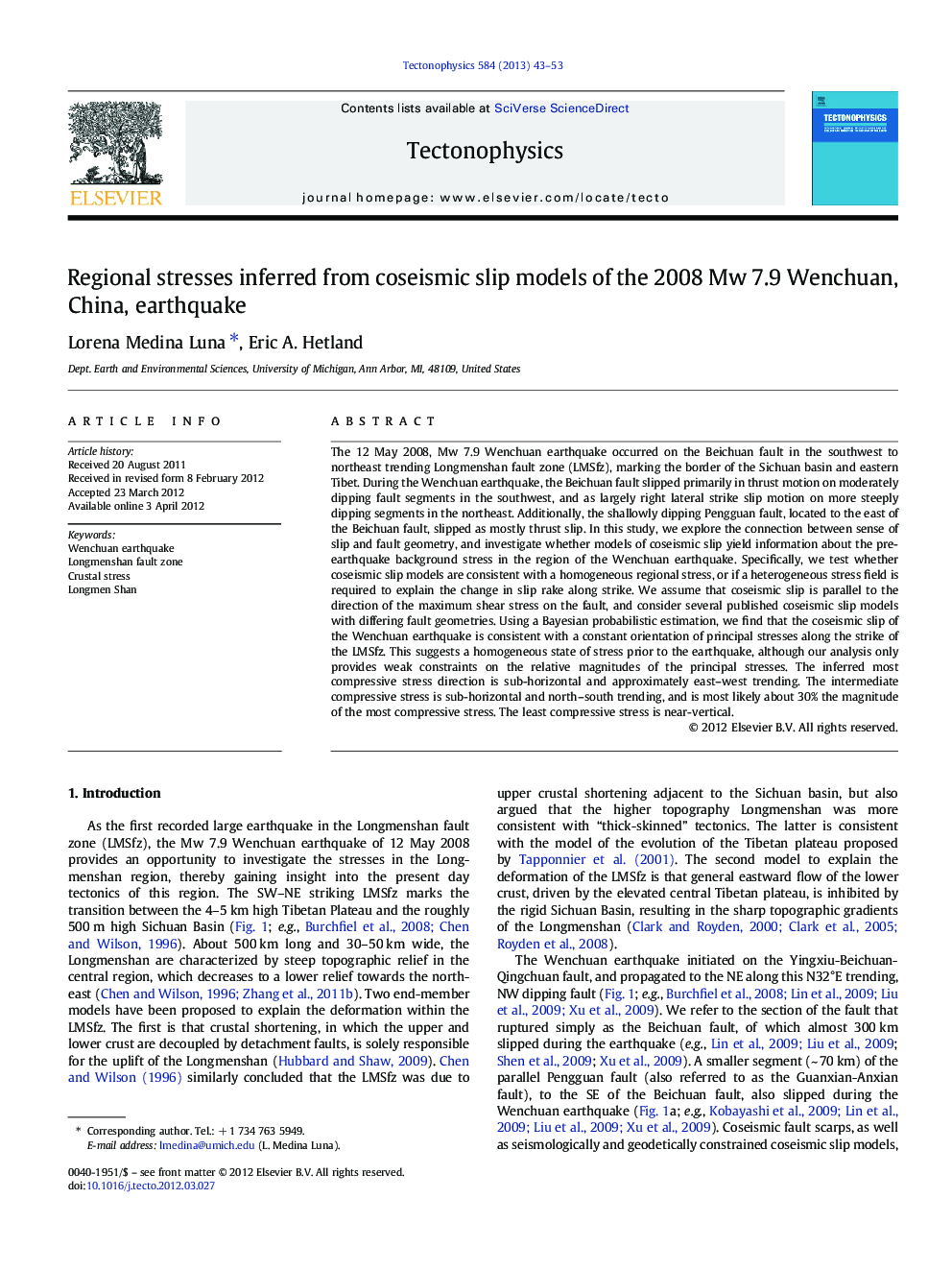 Regional stresses inferred from coseismic slip models of the 2008 Mw 7.9 Wenchuan, China, earthquake