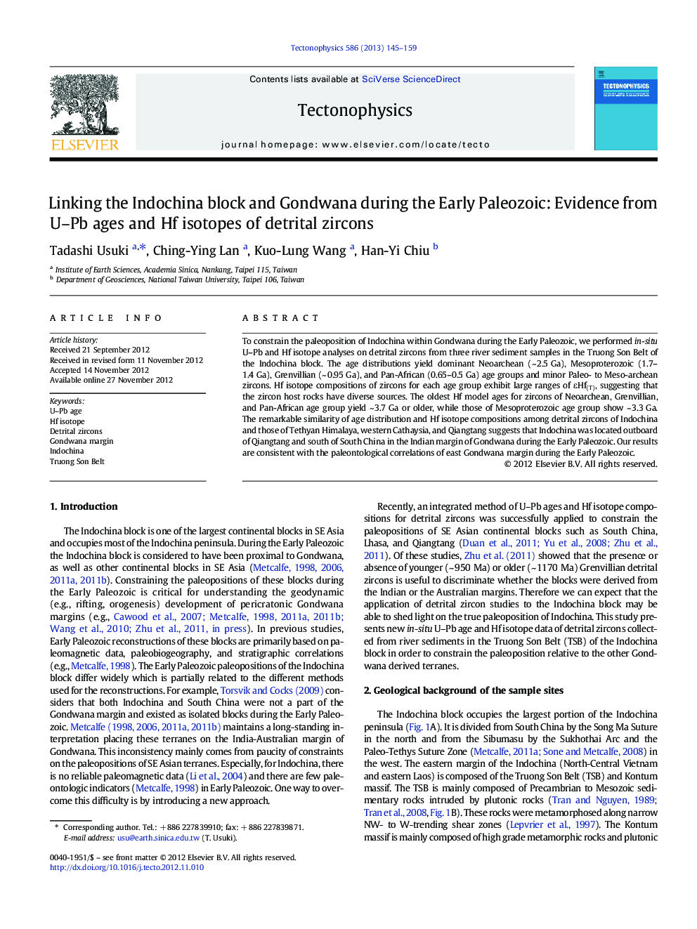 Linking the Indochina block and Gondwana during the Early Paleozoic: Evidence from U–Pb ages and Hf isotopes of detrital zircons