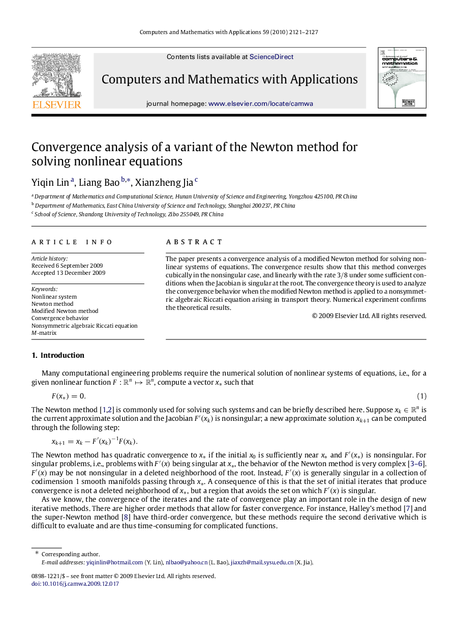 عکس صفحه اول مقاله: Convergence analysis of a variant of the Newton method for solving nonlinear equations Convergence analysis of a variant of the Newton method for solving nonlinear equations