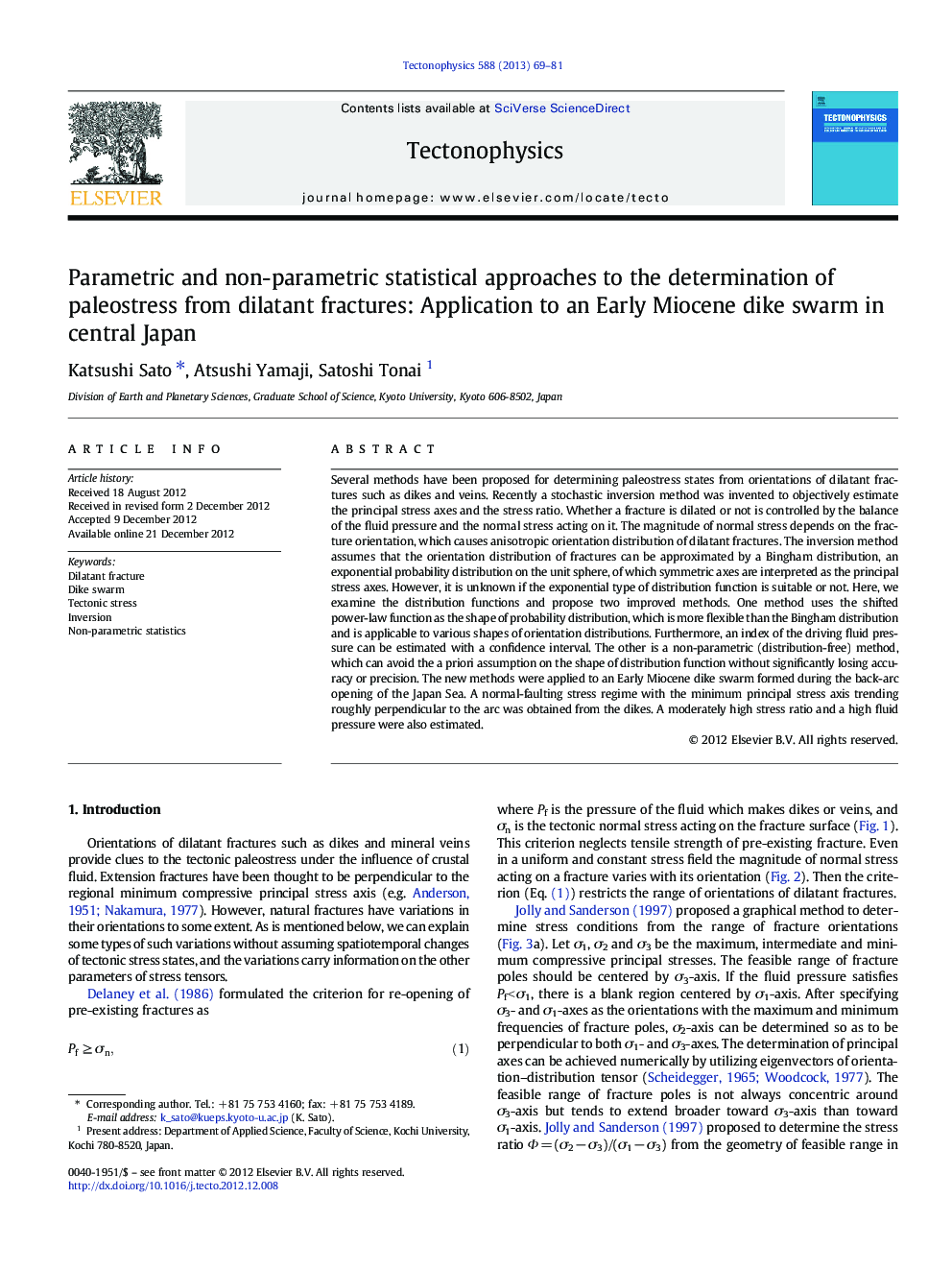 Parametric and non-parametric statistical approaches to the determination of paleostress from dilatant fractures: Application to an Early Miocene dike swarm in central Japan