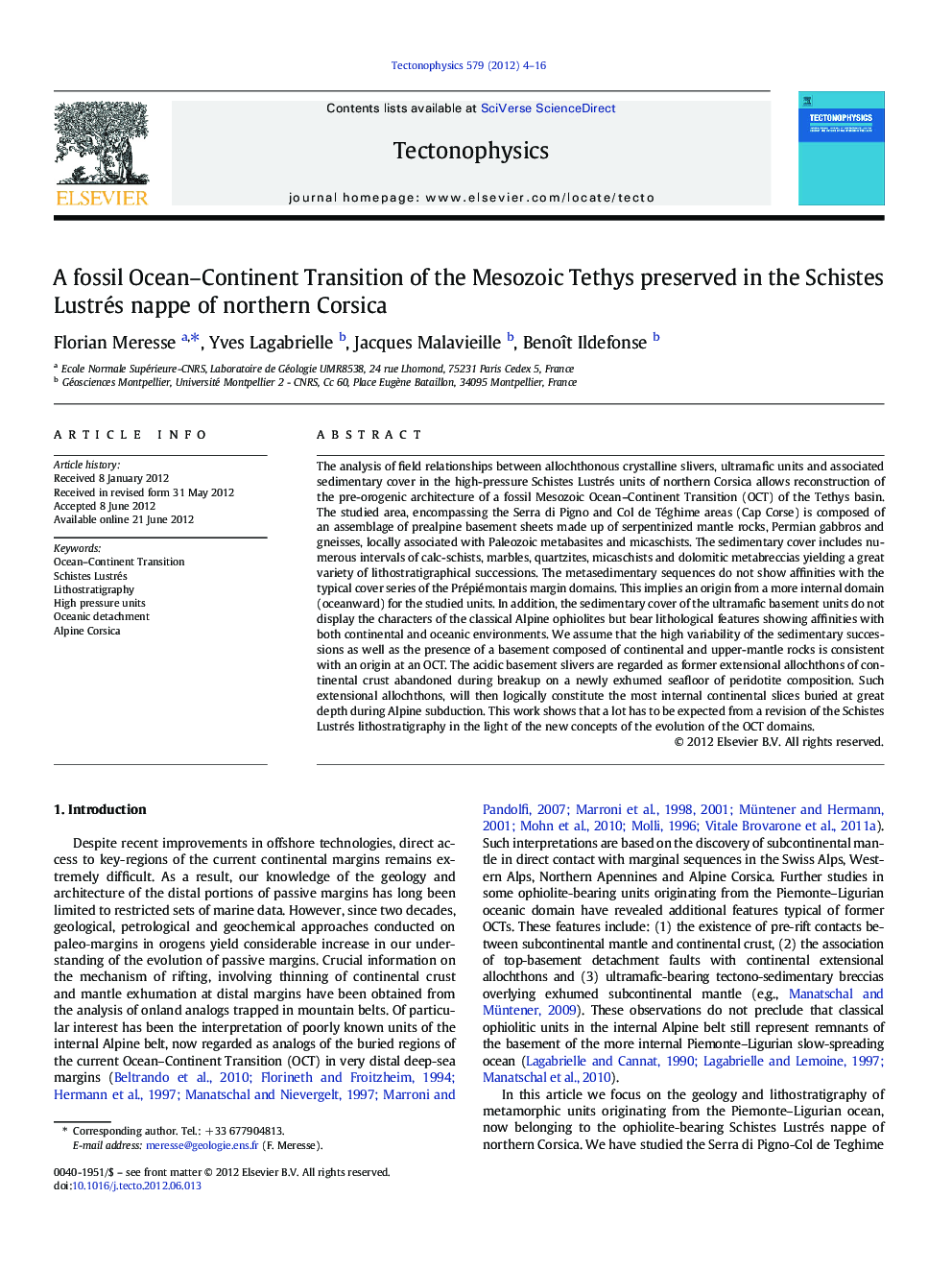 A fossil Ocean–Continent Transition of the Mesozoic Tethys preserved in the Schistes Lustrés nappe of northern Corsica