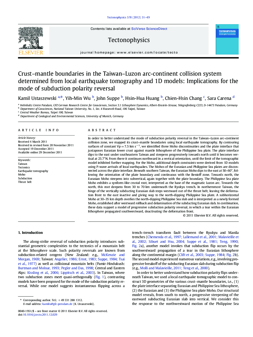 Crust–mantle boundaries in the Taiwan–Luzon arc-continent collision system determined from local earthquake tomography and 1D models: Implications for the mode of subduction polarity reversal