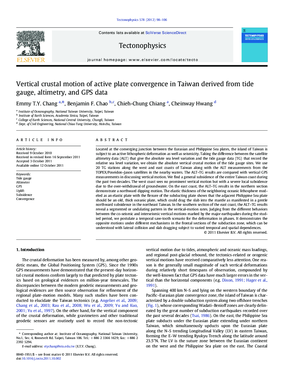 Vertical crustal motion of active plate convergence in Taiwan derived from tide gauge, altimetry, and GPS data