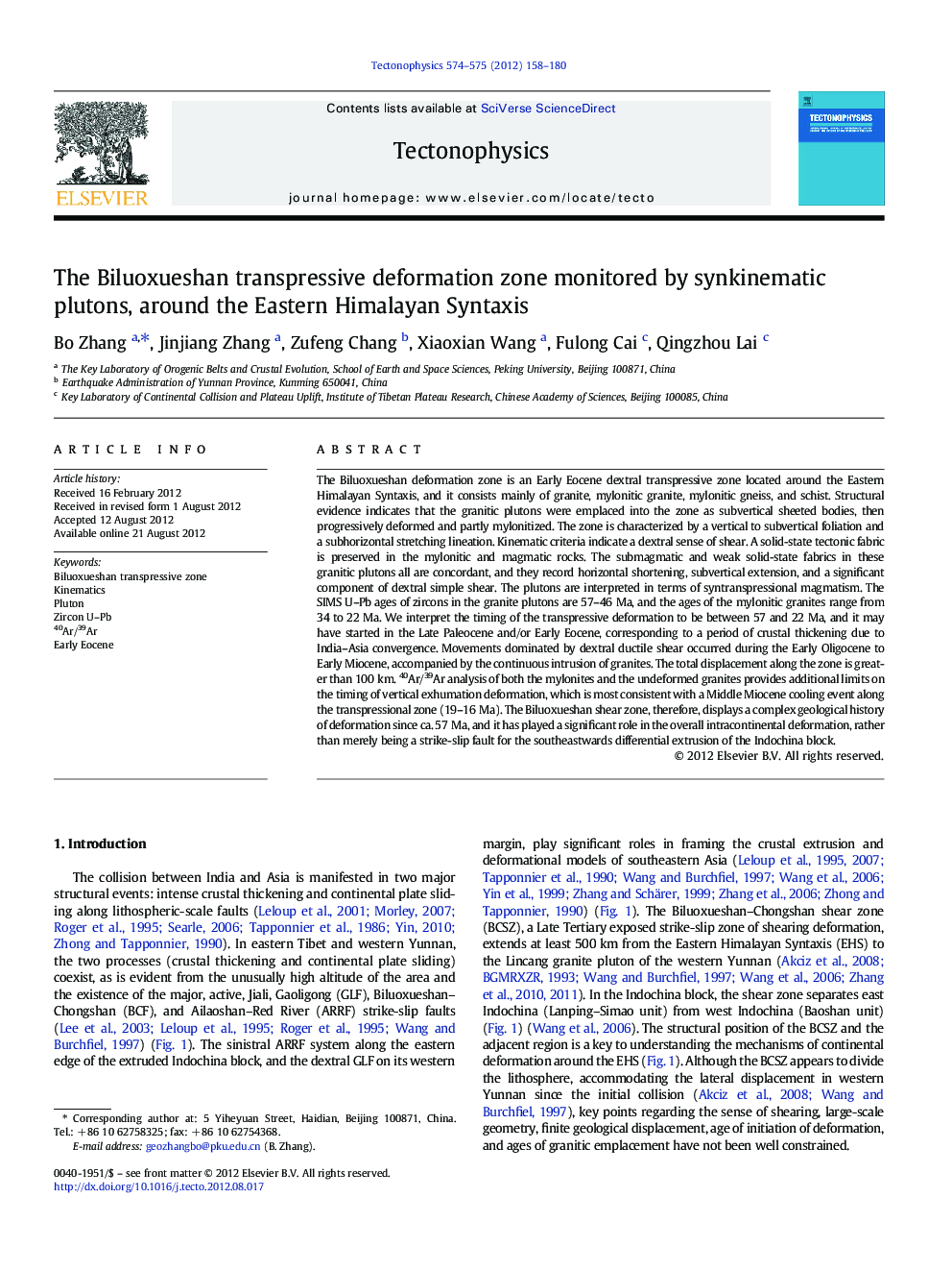 The Biluoxueshan transpressive deformation zone monitored by synkinematic plutons, around the Eastern Himalayan Syntaxis