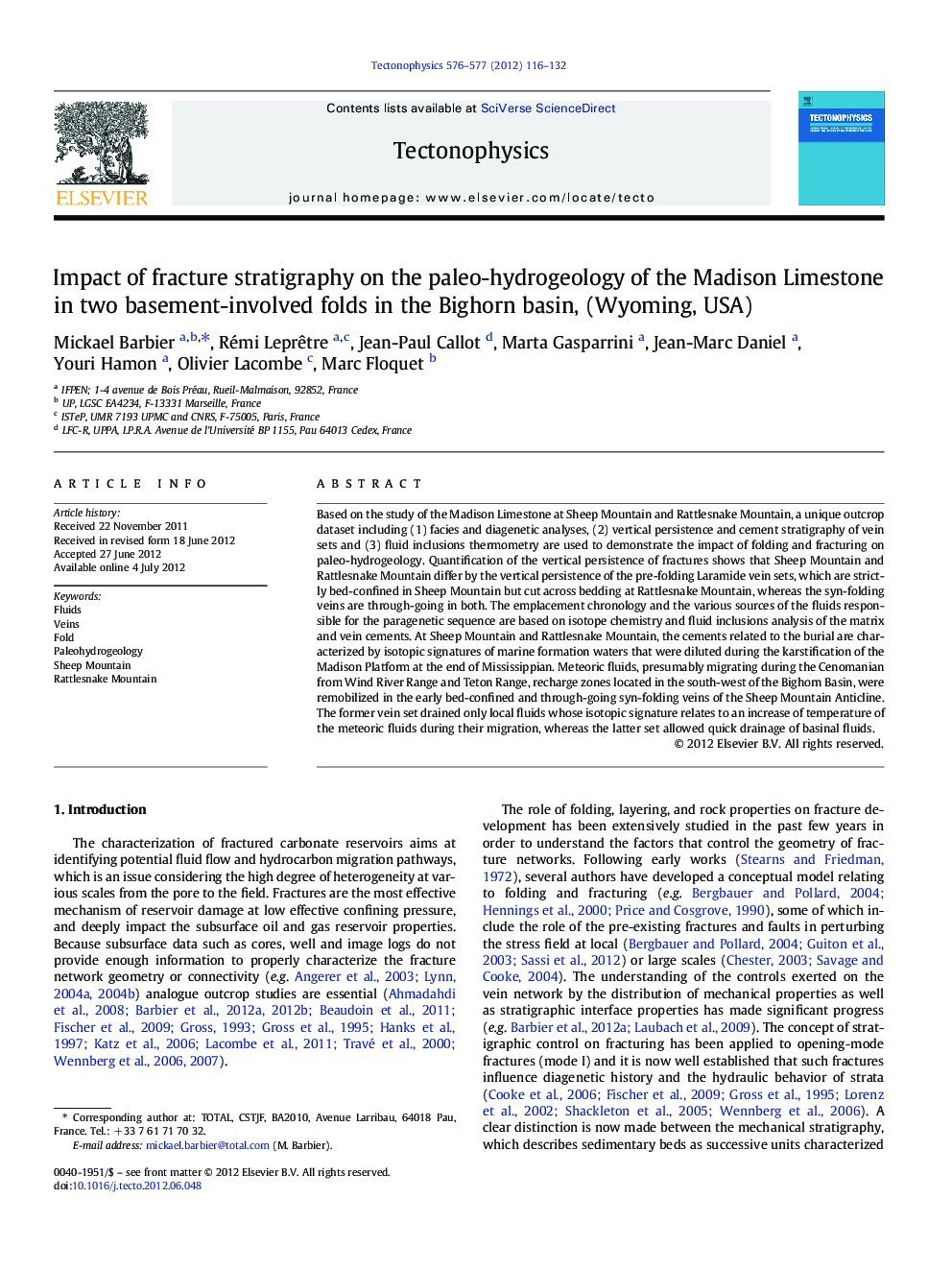 Impact of fracture stratigraphy on the paleo-hydrogeology of the Madison Limestone in two basement-involved folds in the Bighorn basin, (Wyoming, USA)