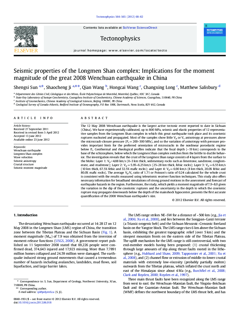 Seismic properties of the Longmen Shan complex: Implications for the moment magnitude of the great 2008 Wenchuan earthquake in China