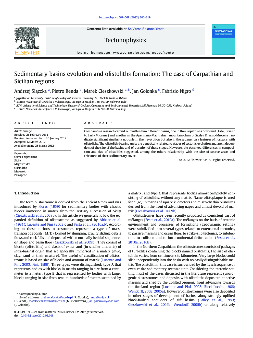 Sedimentary basins evolution and olistoliths formation: The case of Carpathian and Sicilian regions