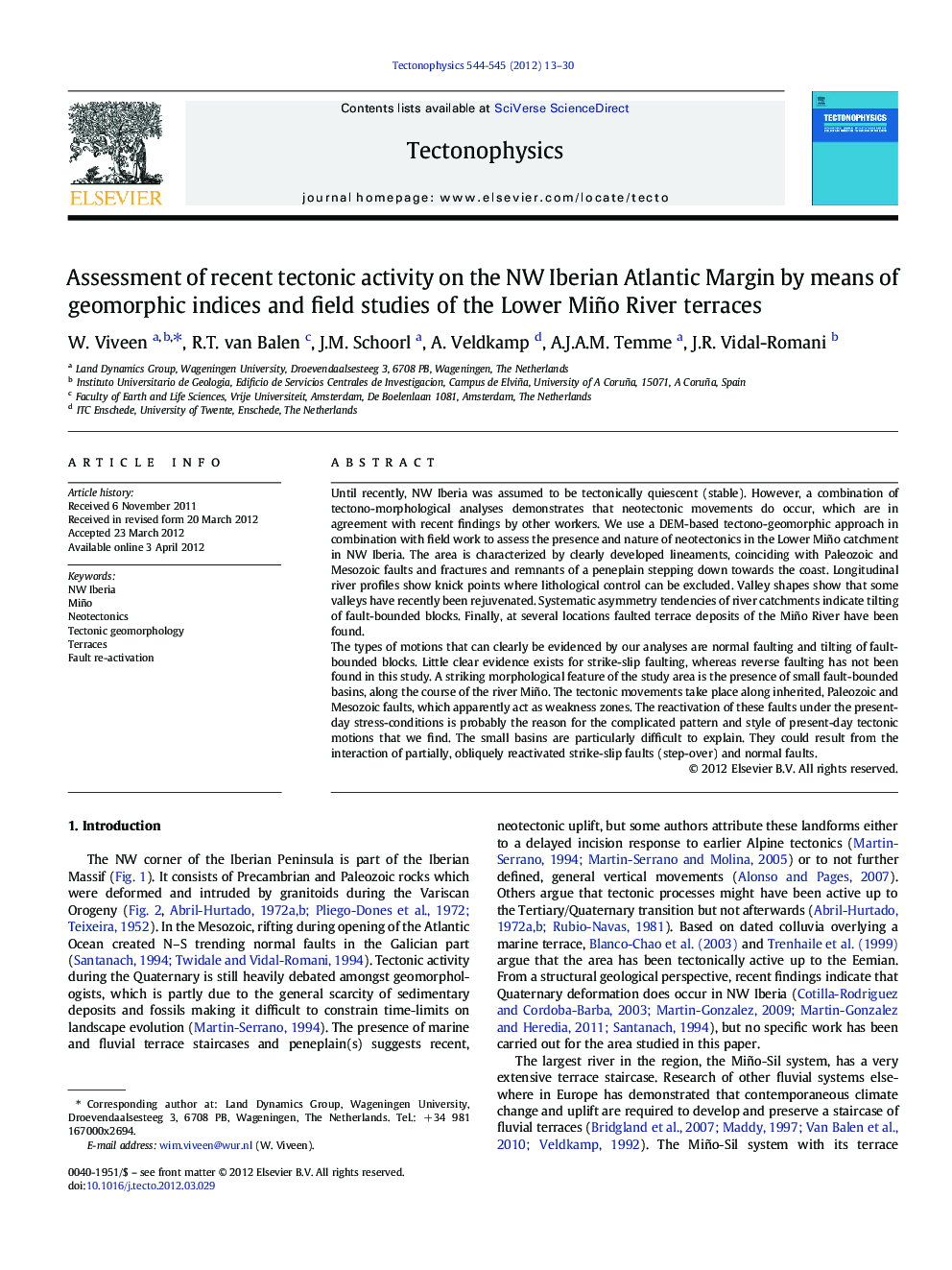 Assessment of recent tectonic activity on the NW Iberian Atlantic Margin by means of geomorphic indices and field studies of the Lower Miño River terraces