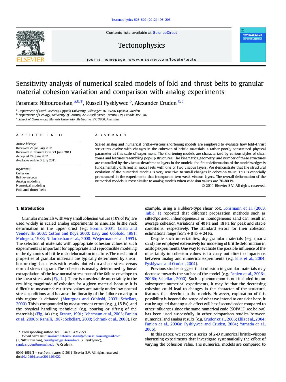 Sensitivity analysis of numerical scaled models of fold-and-thrust belts to granular material cohesion variation and comparison with analog experiments