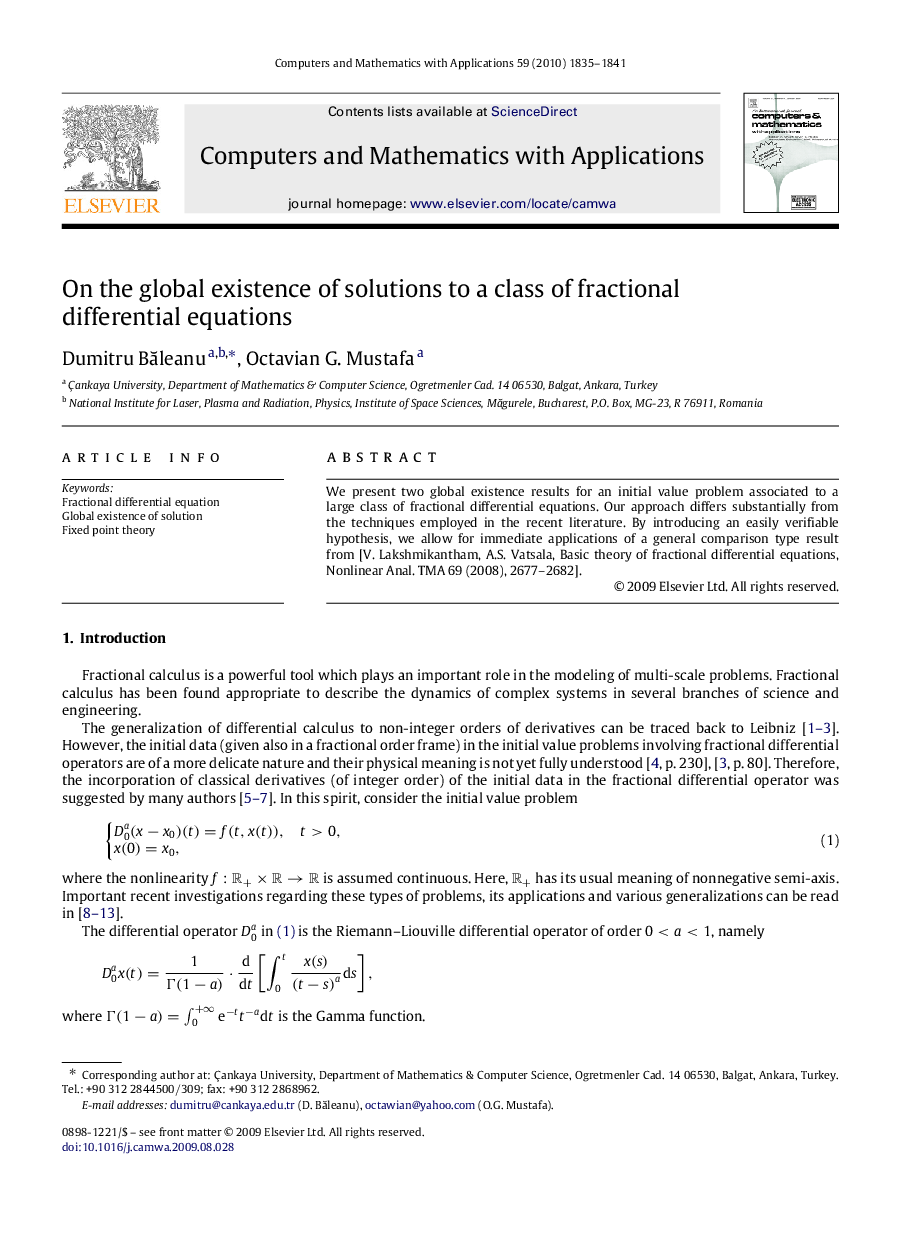 On the global existence of solutions to a class of fractional differential equations