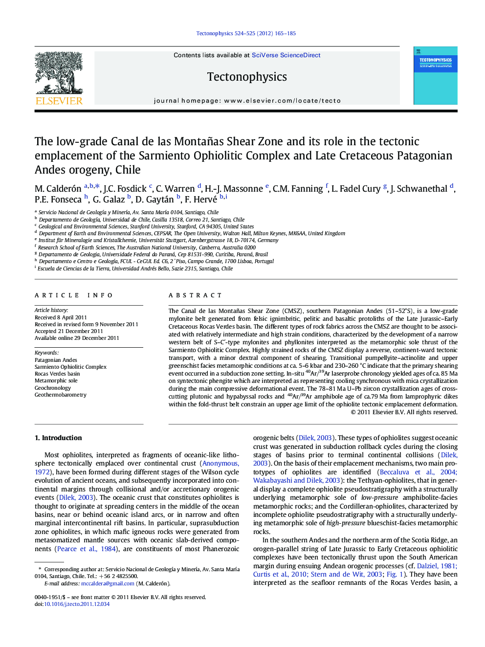 The low-grade Canal de las Montañas Shear Zone and its role in the tectonic emplacement of the Sarmiento Ophiolitic Complex and Late Cretaceous Patagonian Andes orogeny, Chile