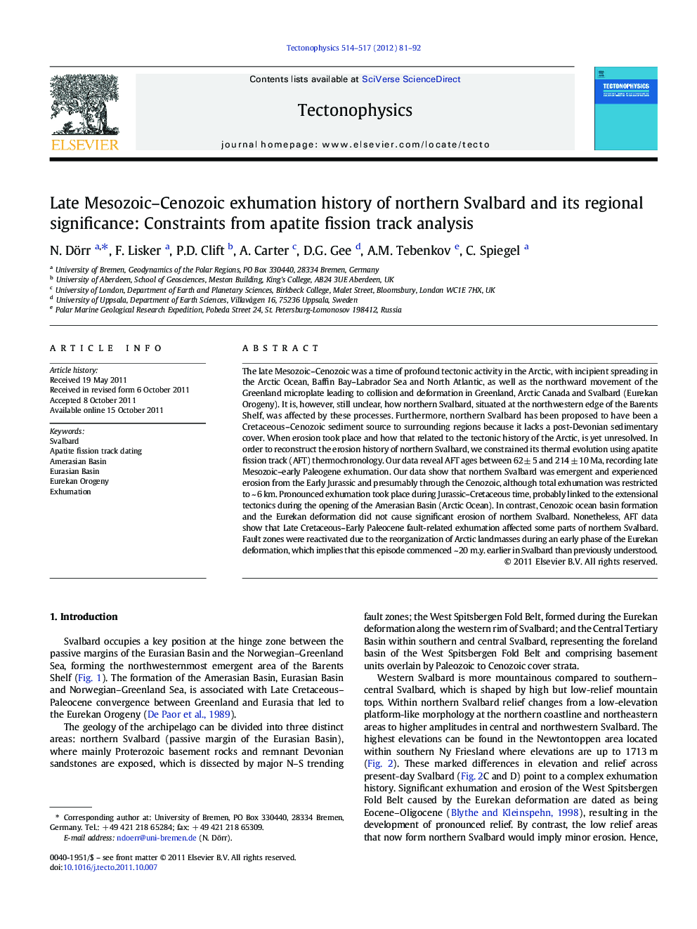 Late Mesozoic–Cenozoic exhumation history of northern Svalbard and its regional significance: Constraints from apatite fission track analysis