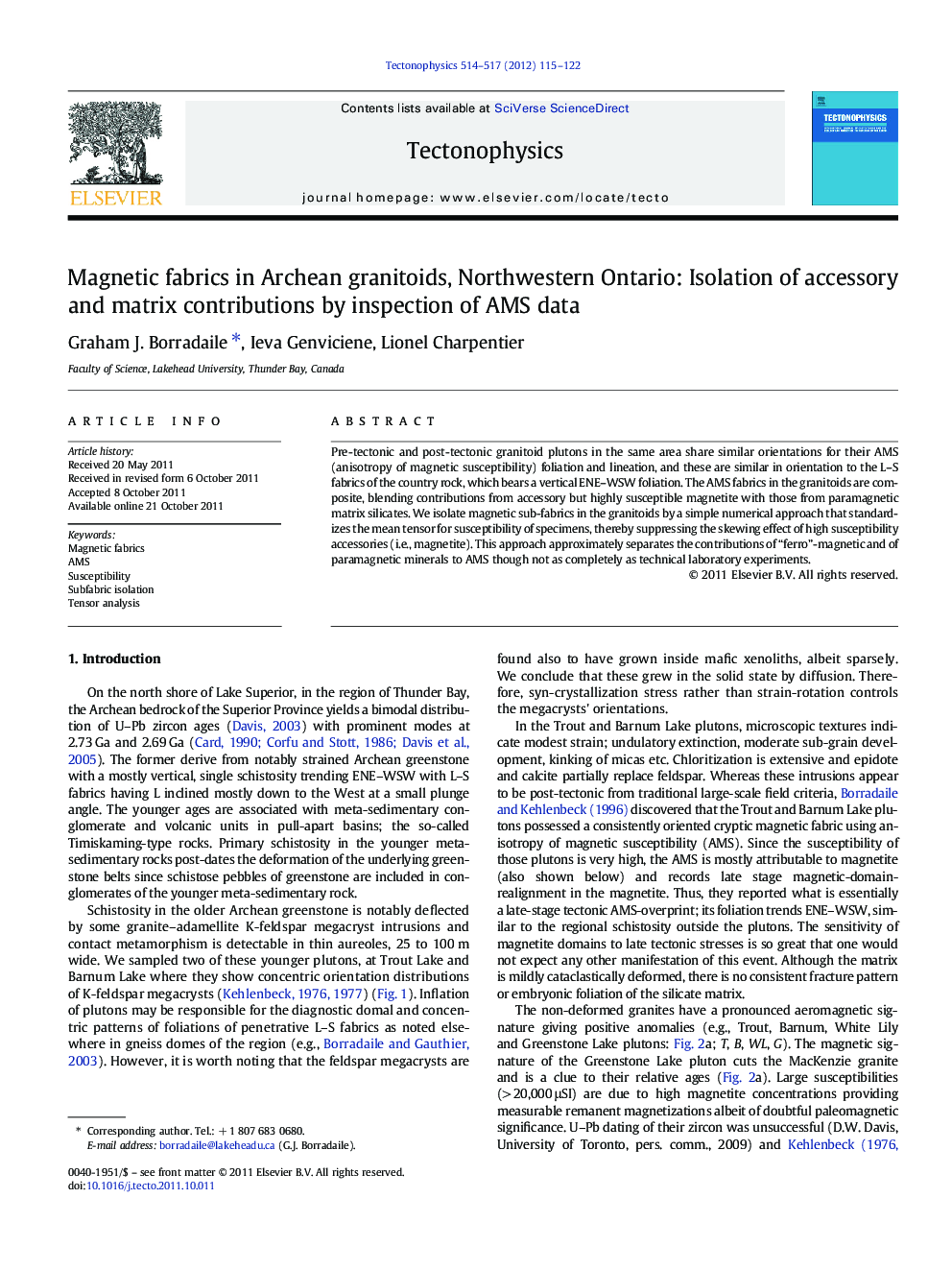 Magnetic fabrics in Archean granitoids, Northwestern Ontario: Isolation of accessory and matrix contributions by inspection of AMS data