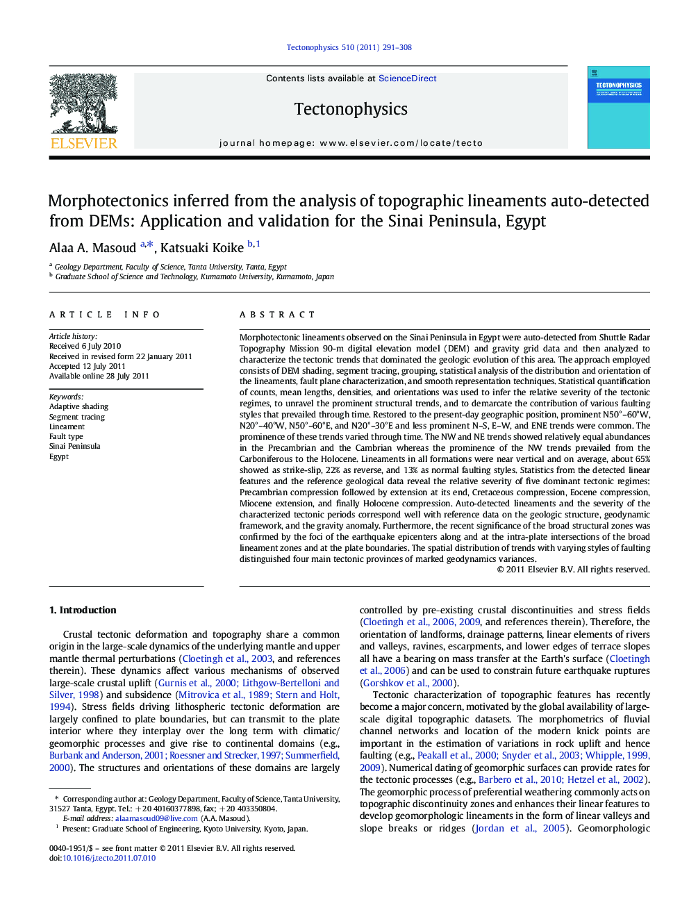 Morphotectonics inferred from the analysis of topographic lineaments auto-detected from DEMs: Application and validation for the Sinai Peninsula, Egypt