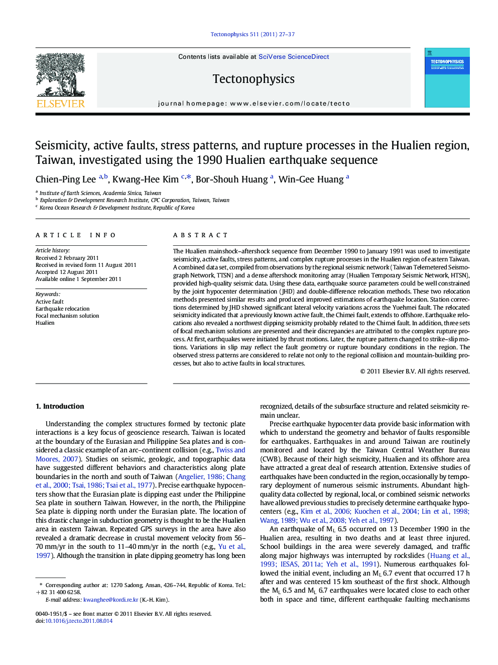 Seismicity, active faults, stress patterns, and rupture processes in the Hualien region, Taiwan, investigated using the 1990 Hualien earthquake sequence