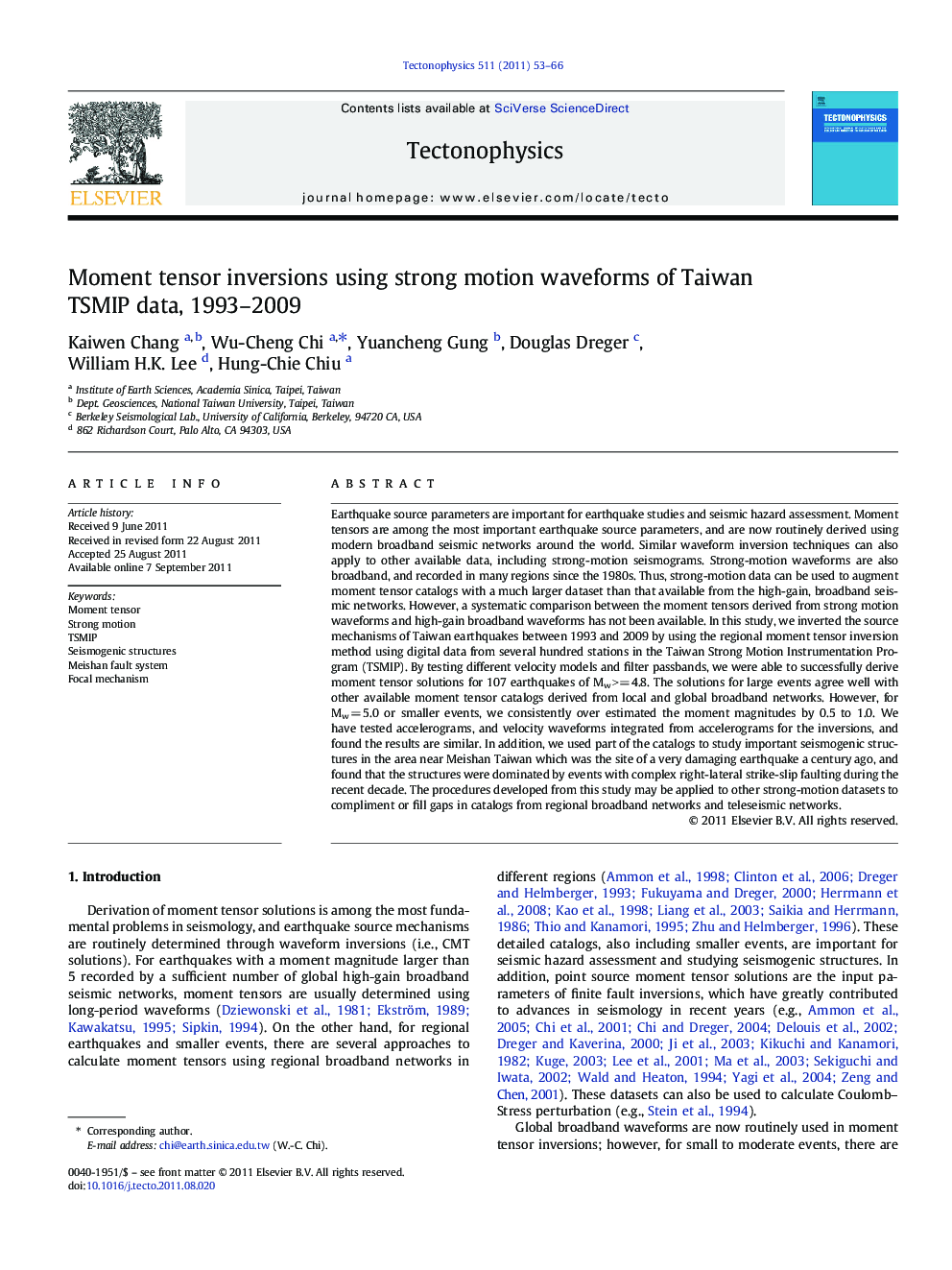 Moment tensor inversions using strong motion waveforms of Taiwan TSMIP data, 1993–2009