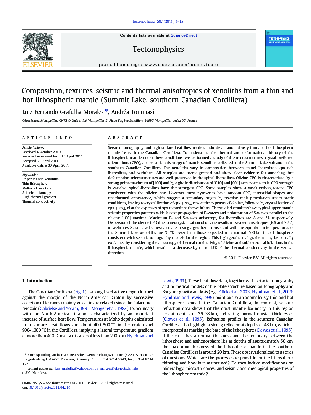 Composition, textures, seismic and thermal anisotropies of xenoliths from a thin and hot lithospheric mantle (Summit Lake, southern Canadian Cordillera)