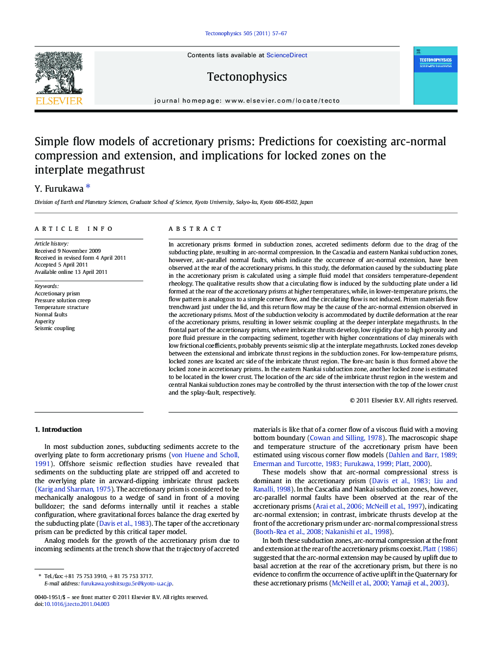 Simple flow models of accretionary prisms: Predictions for coexisting arc-normal compression and extension, and implications for locked zones on the interplate megathrust