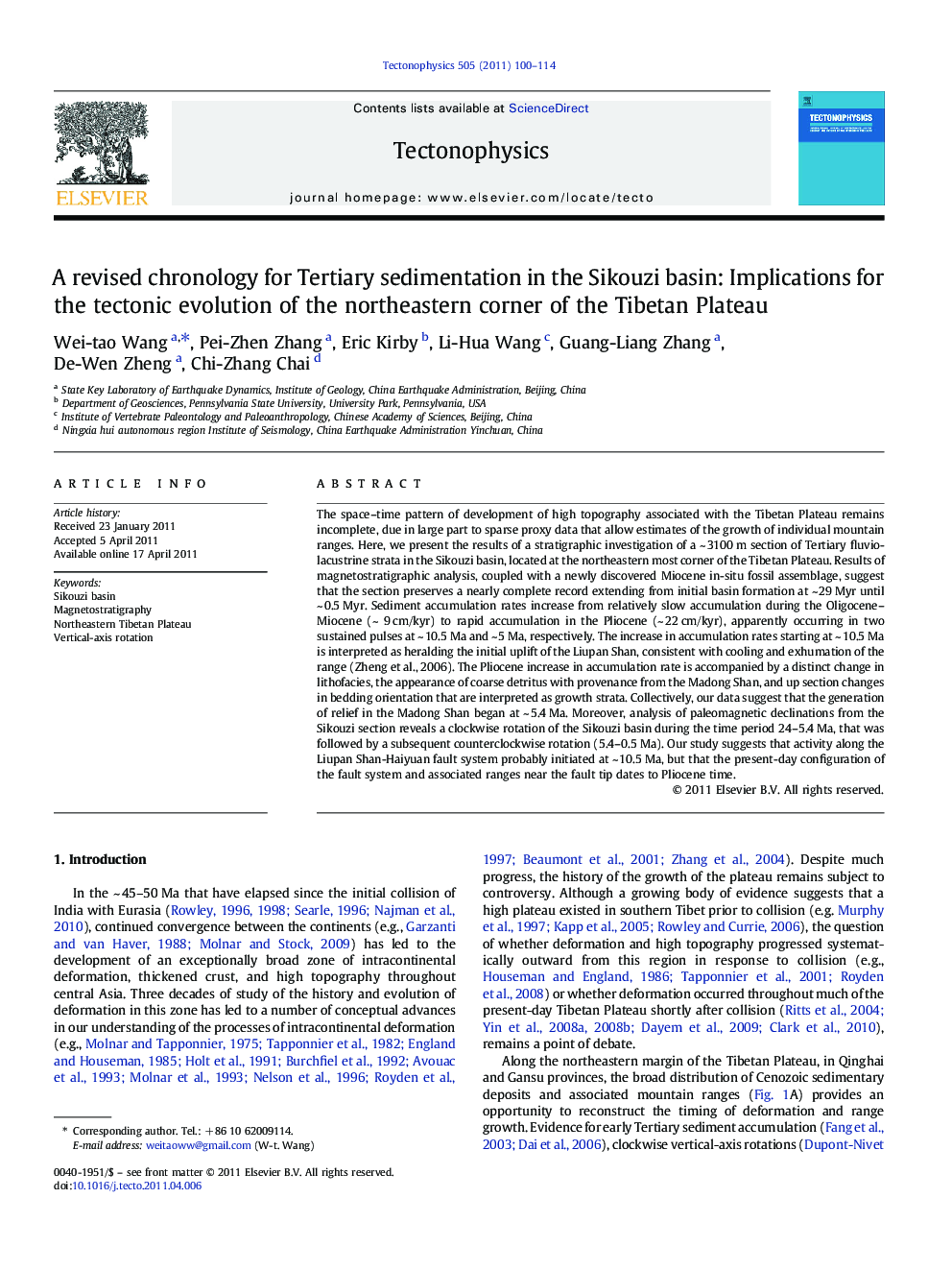 A revised chronology for Tertiary sedimentation in the Sikouzi basin: Implications for the tectonic evolution of the northeastern corner of the Tibetan Plateau