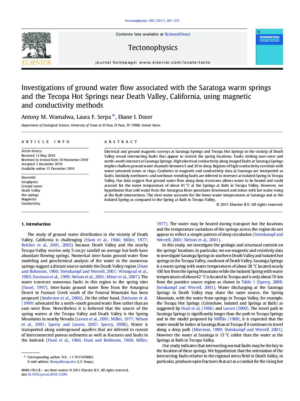 Investigations of ground water flow associated with the Saratoga warm springs and the Tecopa Hot Springs near Death Valley, California, using magnetic and conductivity methods