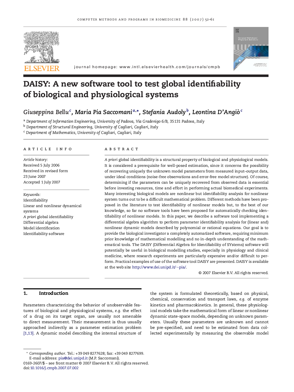 DAISY: A new software tool to test global identifiability of biological and physiological systems