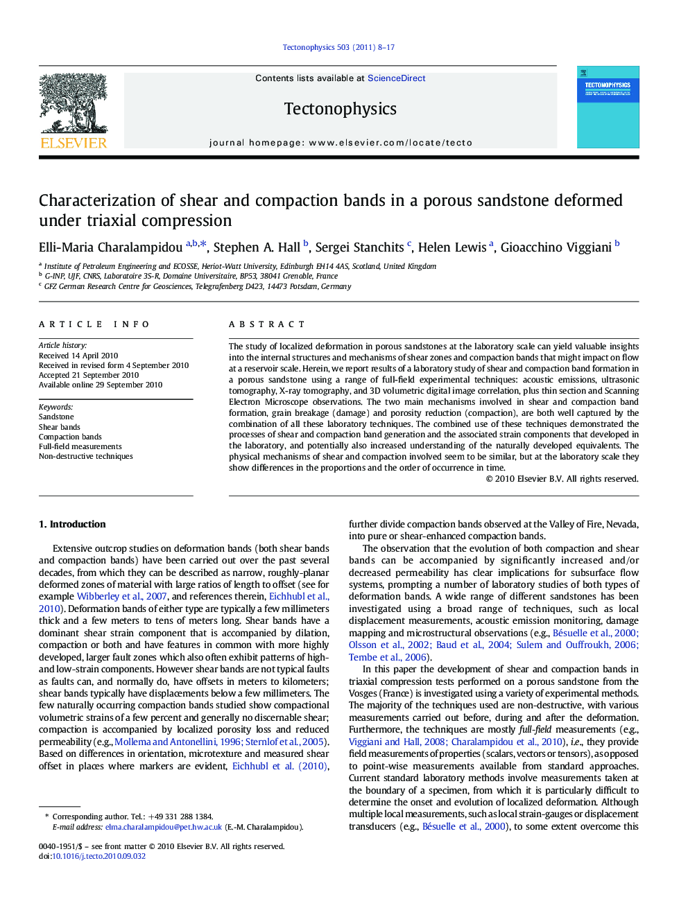 Characterization of shear and compaction bands in a porous sandstone deformed under triaxial compression